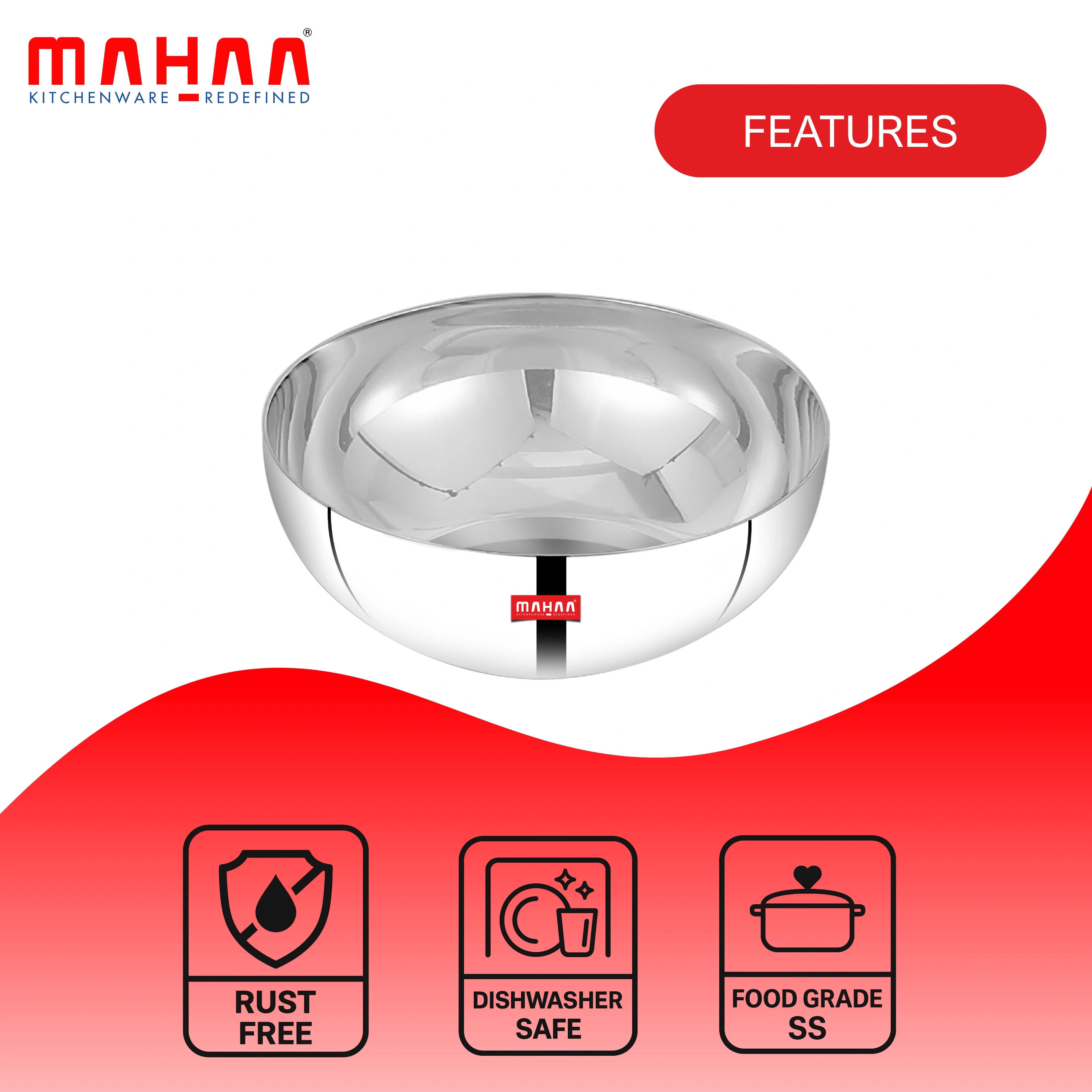 MAHAA Stainless Steel Deep Bowl – 2 Pcs Set | High Quality | Mirror Finish | Rust-Free & Dishwasher Safe