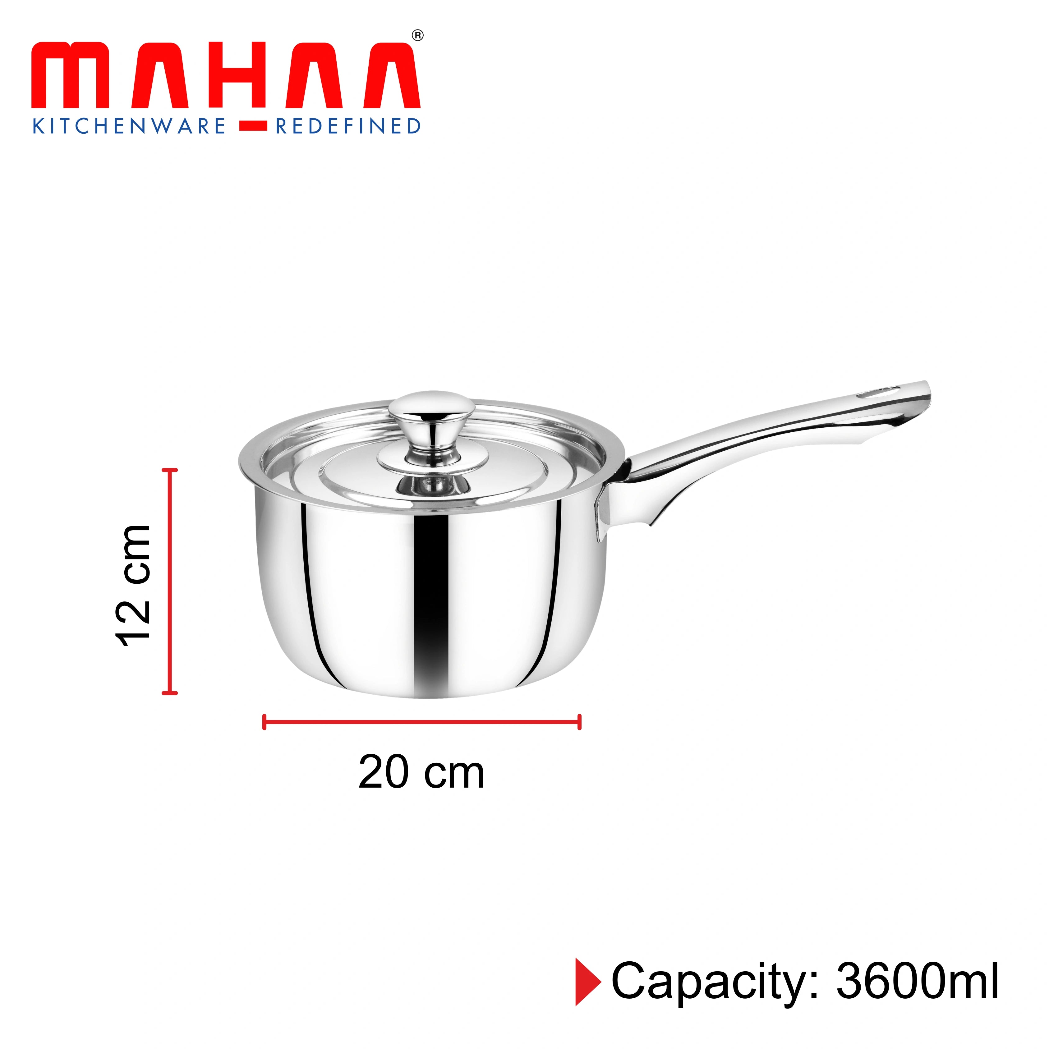 MAHAA Classic Stainless Steel Sauce Pan + Lid | Cook & Saute Curries, Dal, Pasta | Gas & Induction Compatible | Cool Touch Handle and Knob | 14CM / 16CM / 18CM / 20CM