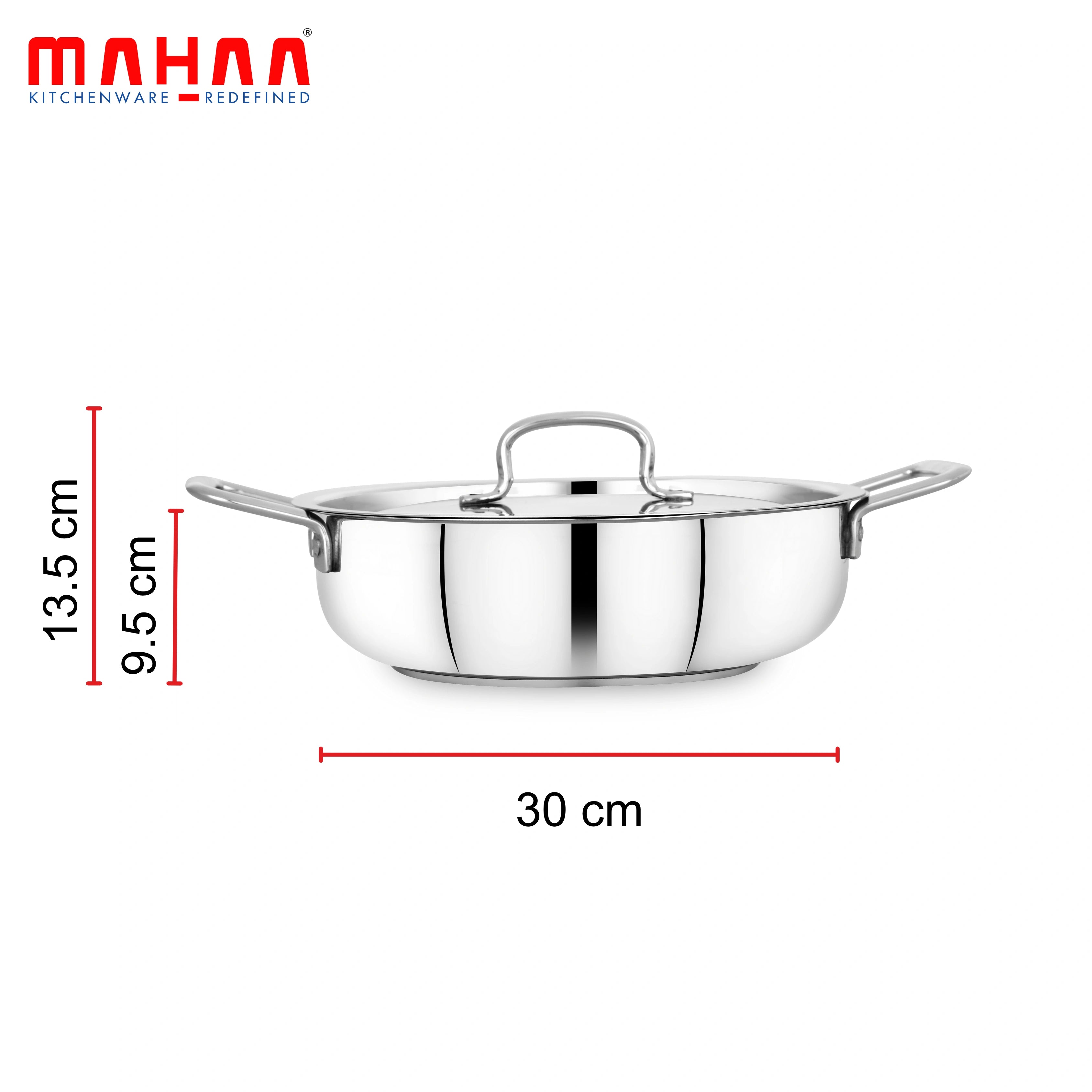 MAHAA Avanti Stainless Steel Kadai – Premium Quality with Snug-Fit Lid | Tri Ply Base | Non-stick | Gas & Induction Compatible | Cool-Touch Handle | 1.2L to 4.7L | Free ₹300 SS Water Bottle