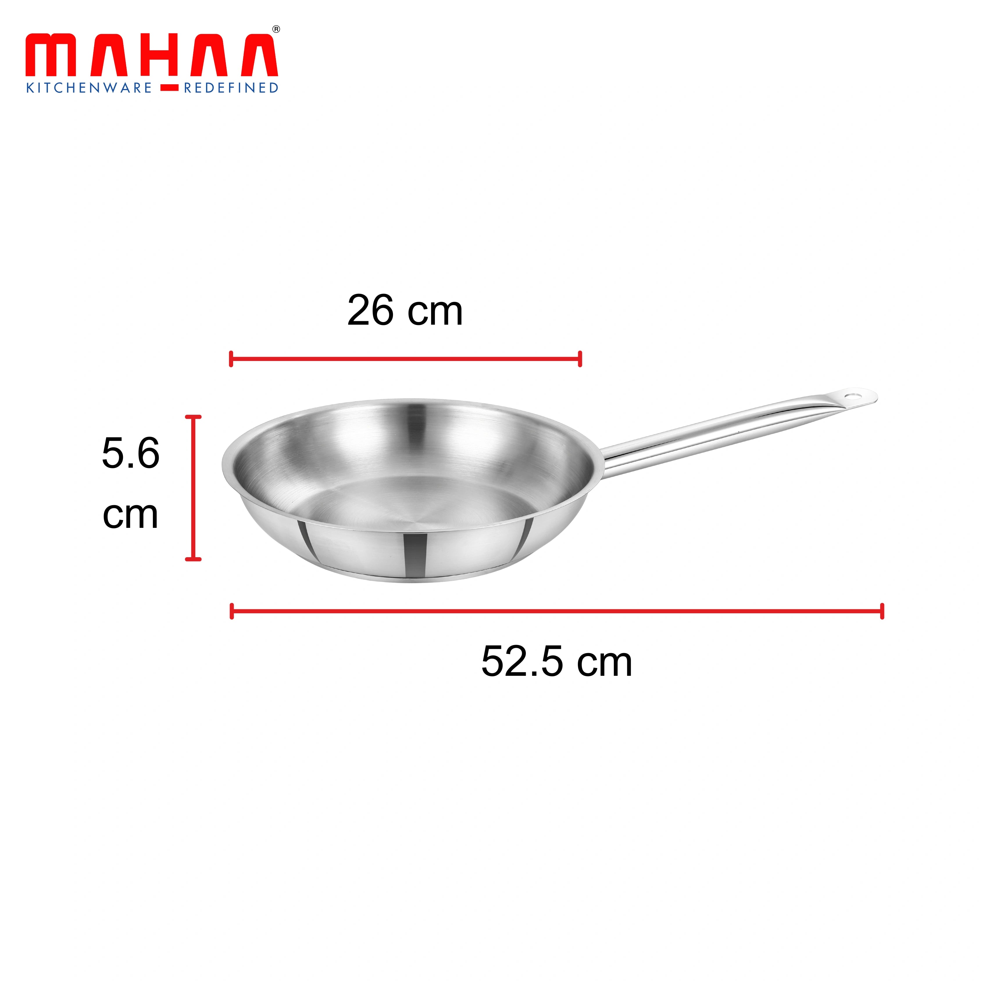 MAHAA Stainless Steel Professional Fry Pan – Scratch-Resistant Body | Heavy-Duty Stainless Steel | Tri Ply Base | Gas &  Induction Compatible | Cool-Touch Handle | 20/24/26/28/30/32 cm