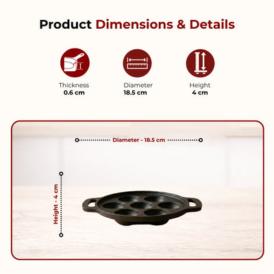 Cast Iron Paniyarram Pan 7 Pits, Pre-Seasoned Traditional Pure Iron Pan, Even Heating, Gas & Induction Compatible