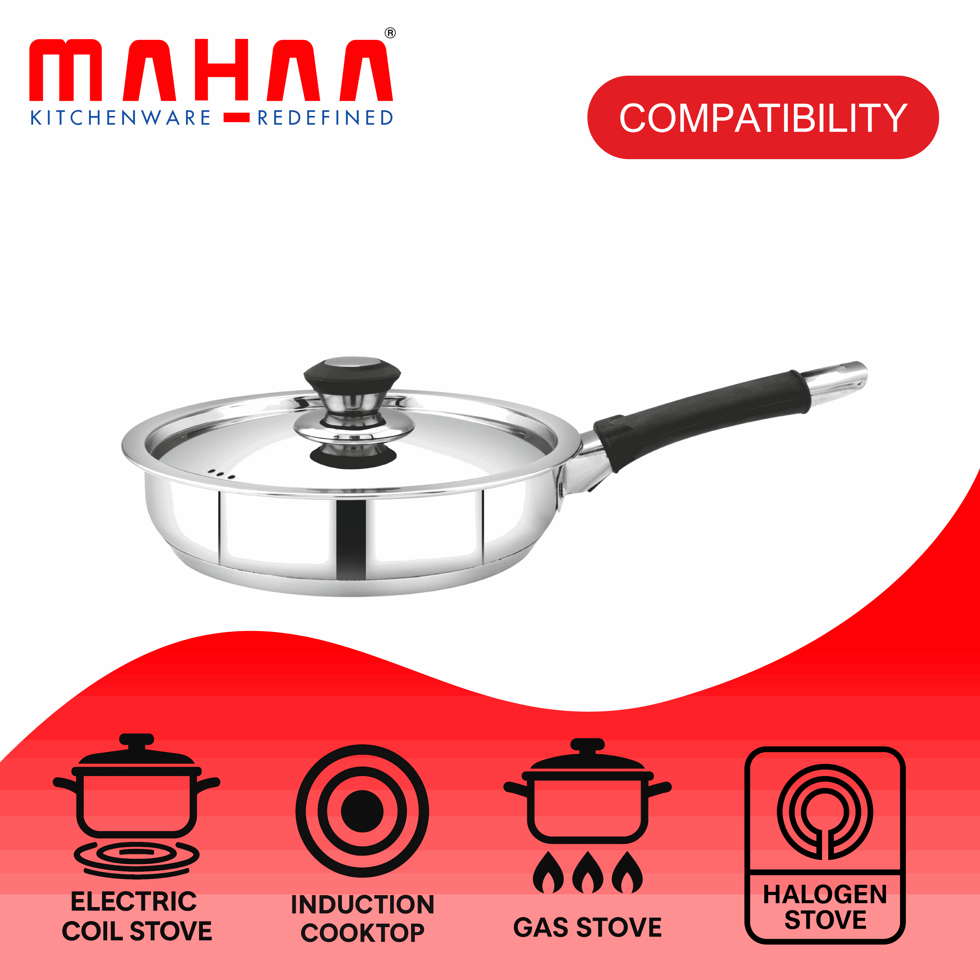 Chroma Stainless Steel Fry Pan with Lid – Non-Stick & Durable | Ideal for Veggies, Noodles, Fried Rice | Available in 20cm & 22cm