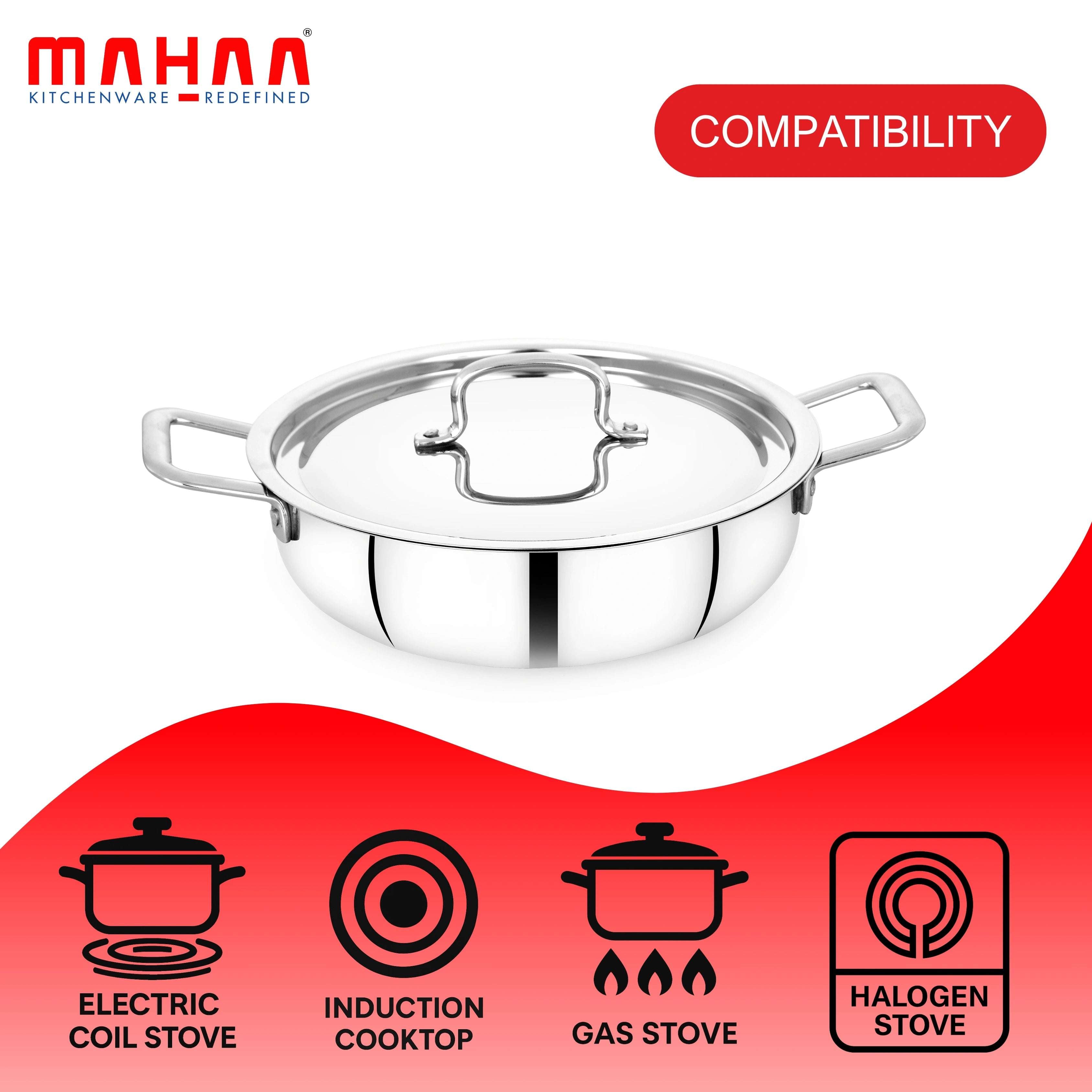 Avanti Stainless Steel Kadai with Lid – Triply Sandwich Bottom | Gas & Induction Compatible | Even-Heat Cooking | 20CM to 30CM