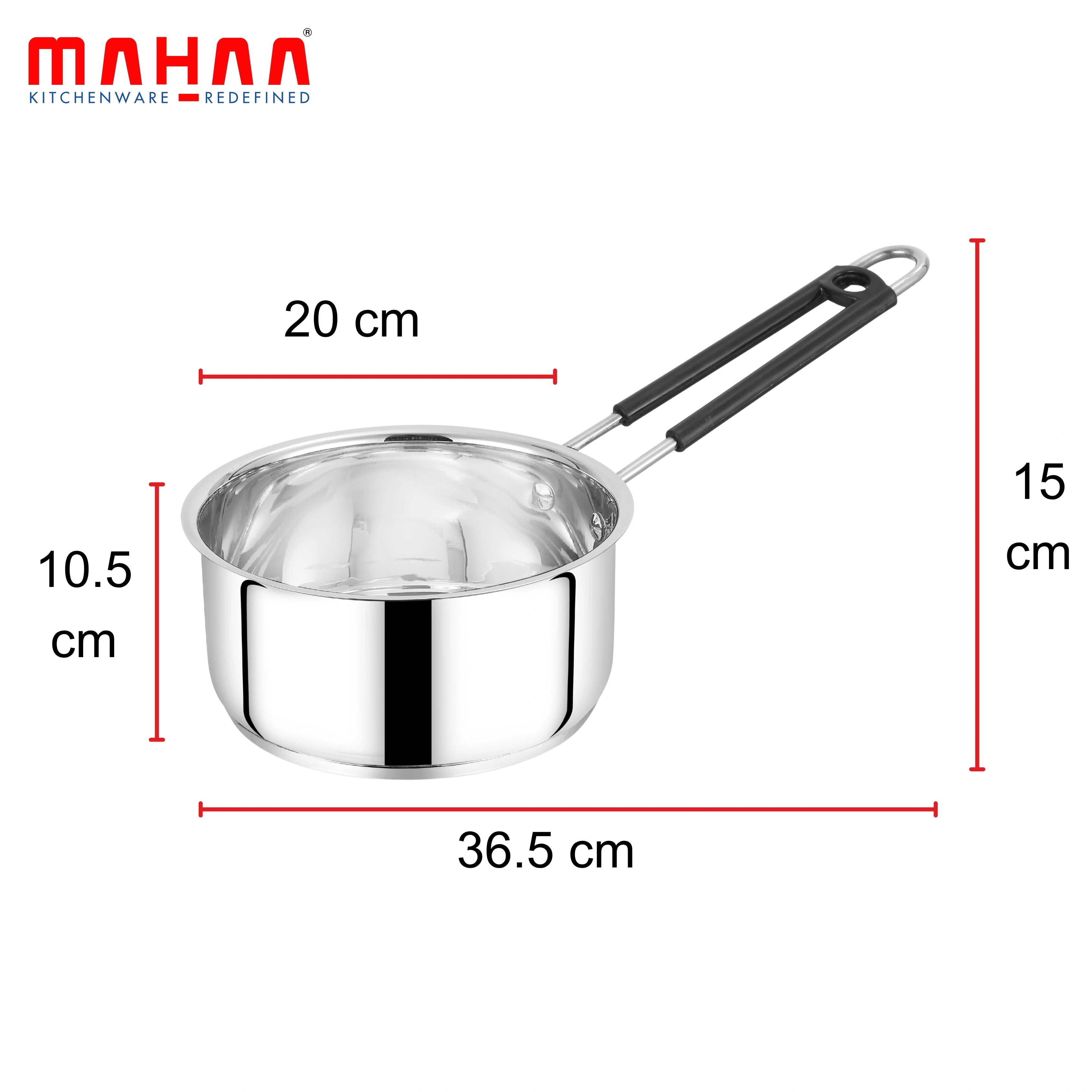 MAHAA Utena Stainless Steel Sauce Pan – Tea, Milk, Soup, Maggie Pan | Tri Ply Base | Non-stick | Gas & Induction Compatible | StayCool+ Handle | 14cm / 16cm / 18cm / 20cm