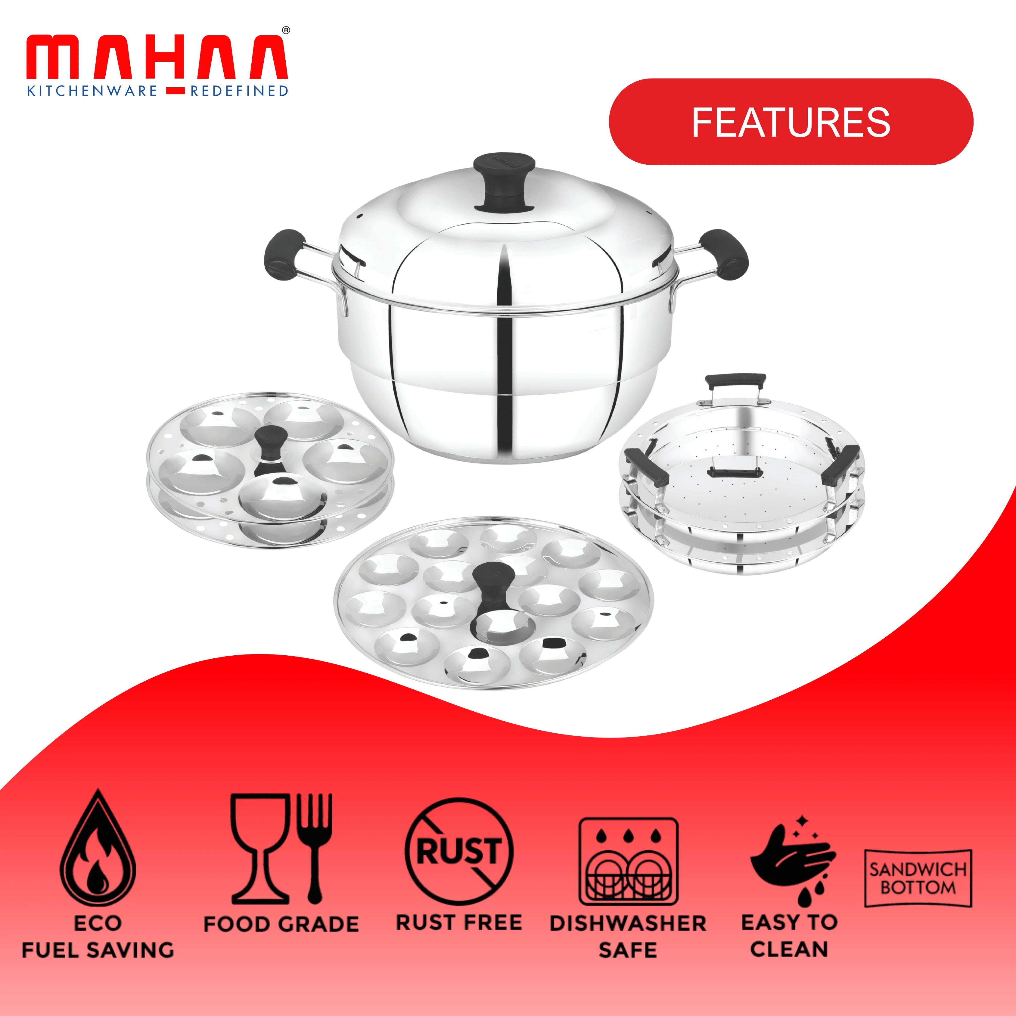 MAHAA Stainless Steel Multi Kadai 22CM – Versatile Kadai with Steam Release Lid | Steam Idlis, Mini Idlis, Dhokla, Idiyappams, Momos and Vegetables | Tri Ply Base | StayCool+ Handle & Lid Knob