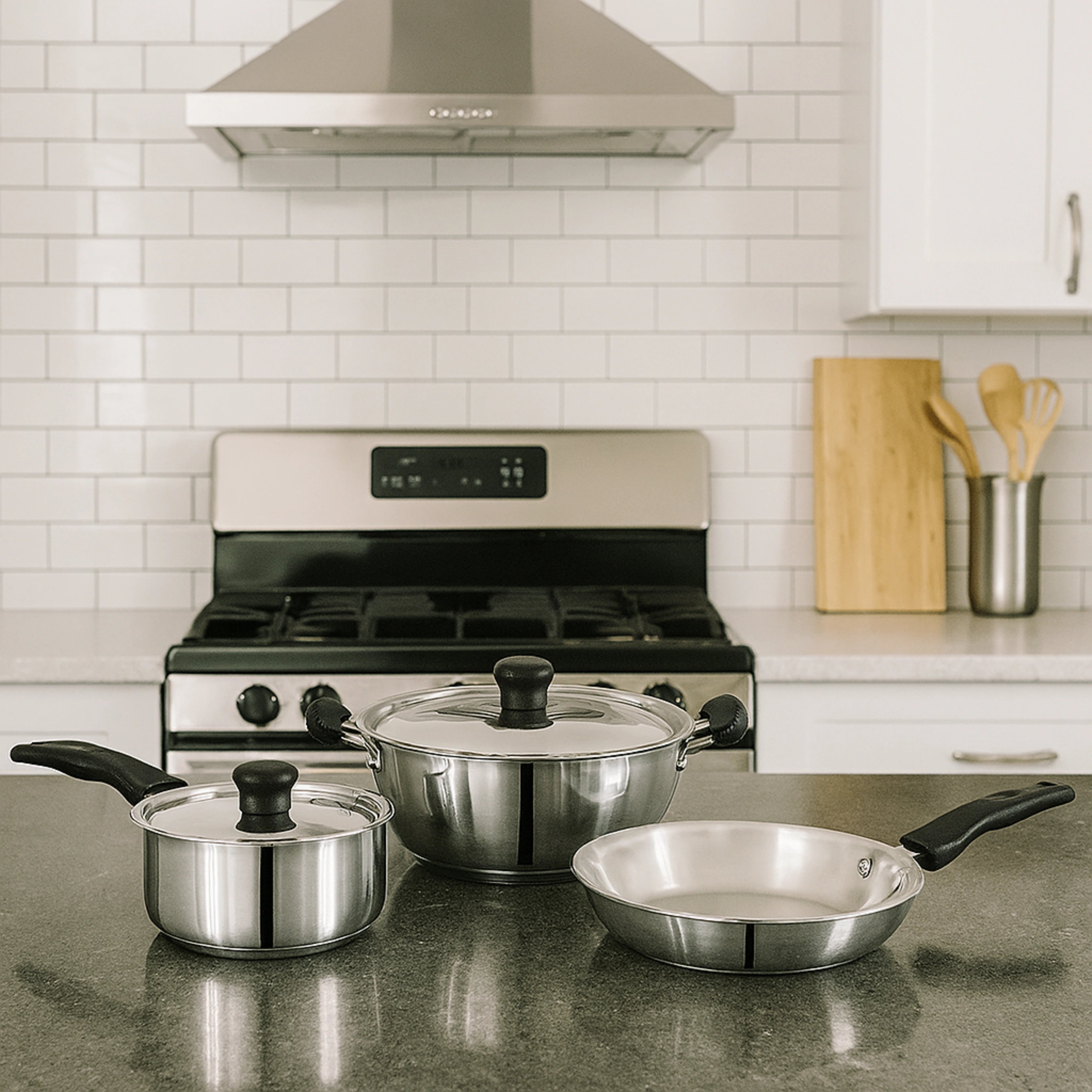 MAHAA Zen Stainless Steel Cookware Combo 5 Pc Set: Kadai  + Lid, Tea/Milk Pan + Lid, Fry Pan | Tri Ply Base | Non-stick | Gas & Induction Compatible | StayCool+ Handle and Knob| Gift Set