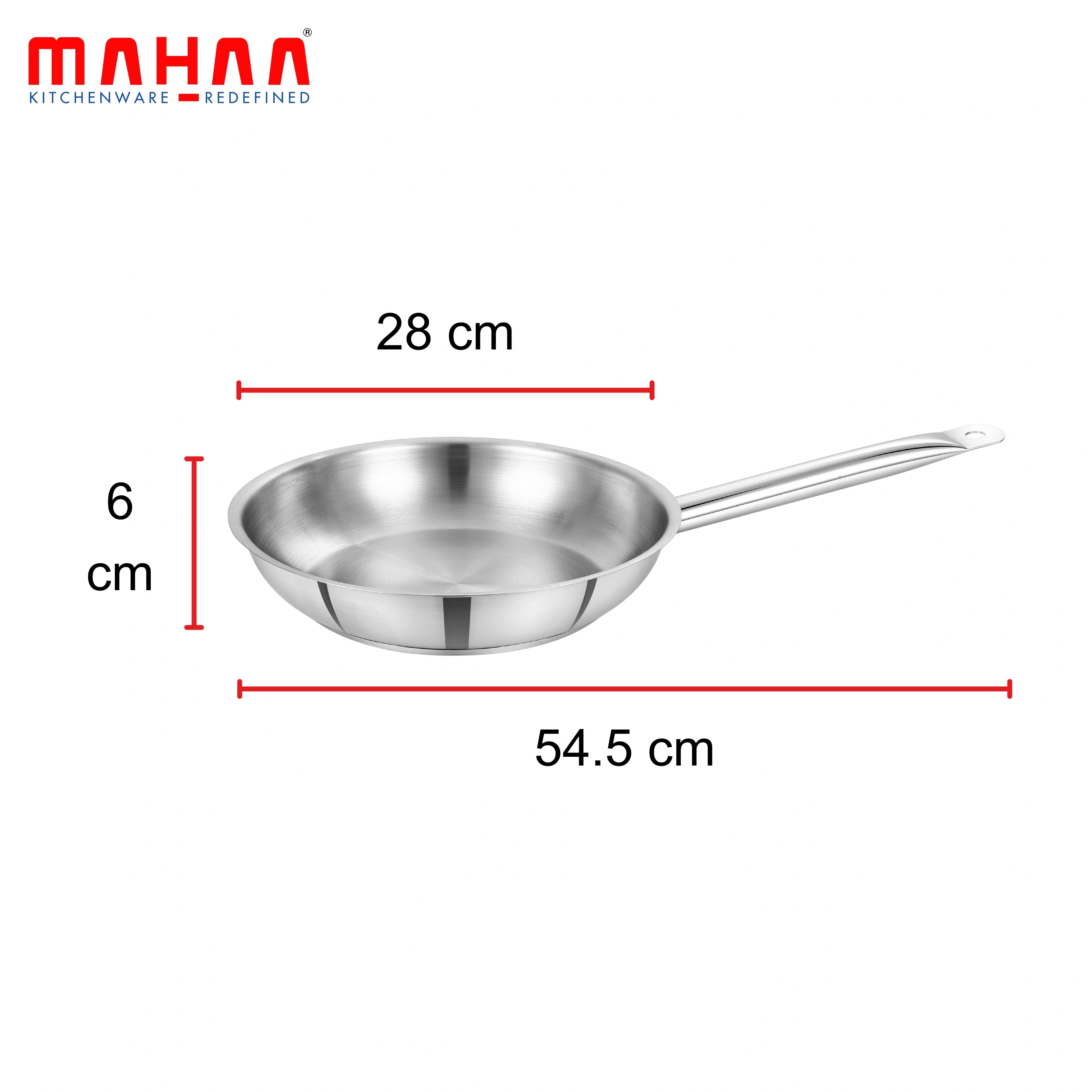 MAHAA Stainless Steel Professional Fry Pan – Scratch-Resistant Body | Heavy-Duty Stainless Steel | Tri Ply Base | Gas &  Induction Compatible | Cool-Touch Handle | 20/24/26/28/30/32 cm
