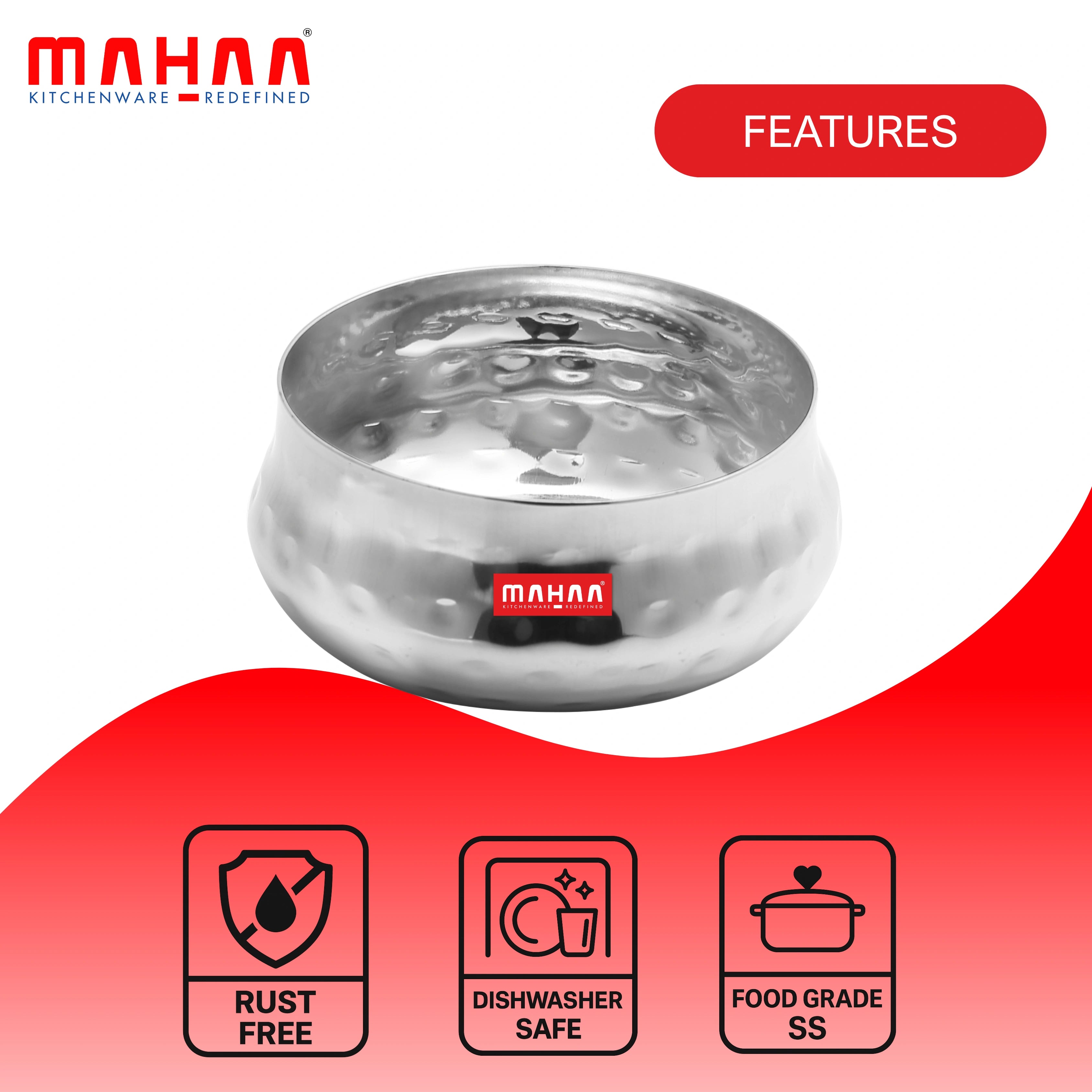 MAHAA Stainless Steel Bulging Katori – 2 Pcs Set | High Quality | Hammered Finish | Rust-Free & Dishwasher Safe | Ideal for Curries, Sweets & Side Servings | 6 cm, 7 cm, 8 cm, 12 cm