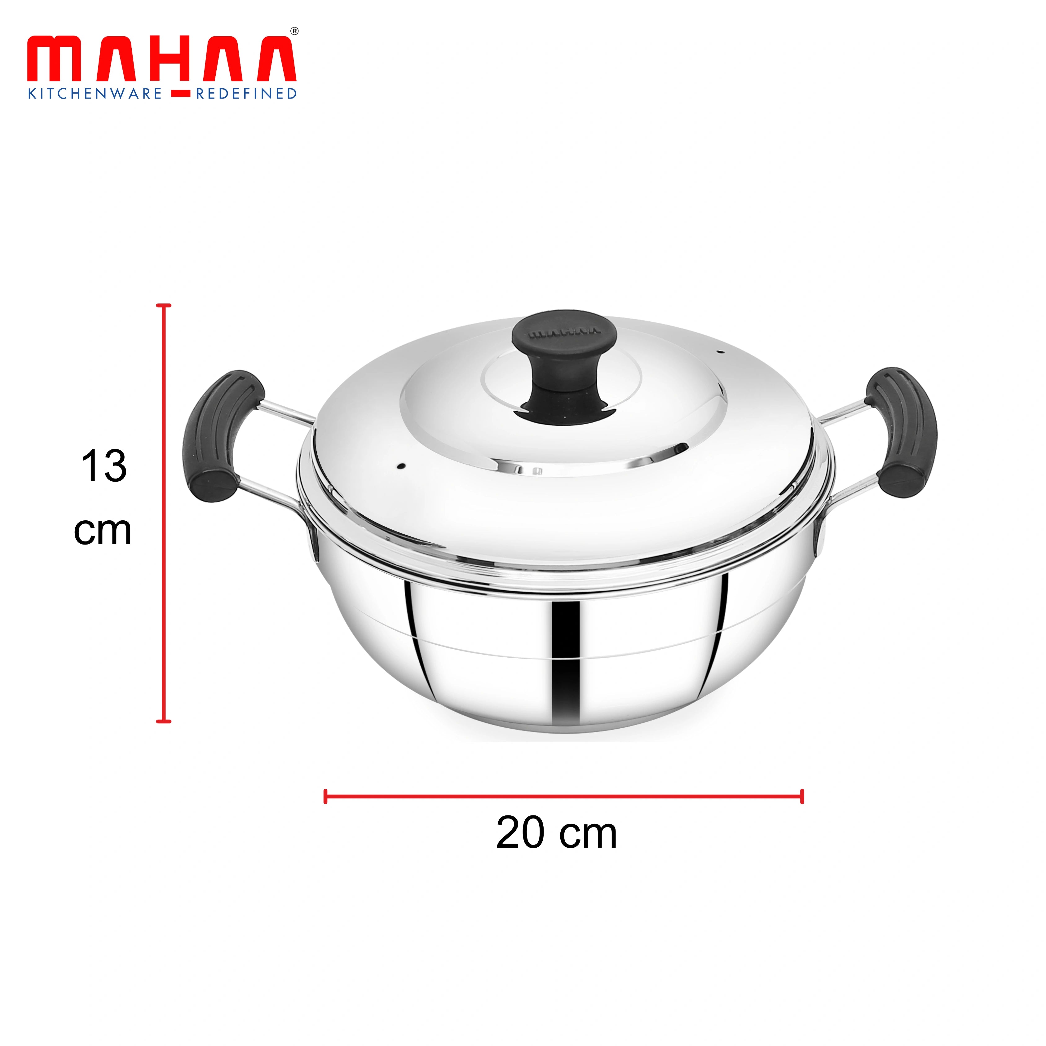 MAHAA Stainless Steel Multi Kadai 20CM – Versatile Kadai with Steam Release Lid | Steam Idlies, Idiyappams, Momos and Vegetables | Tri Ply Base | StayCool+ Handle & Lid Knob
