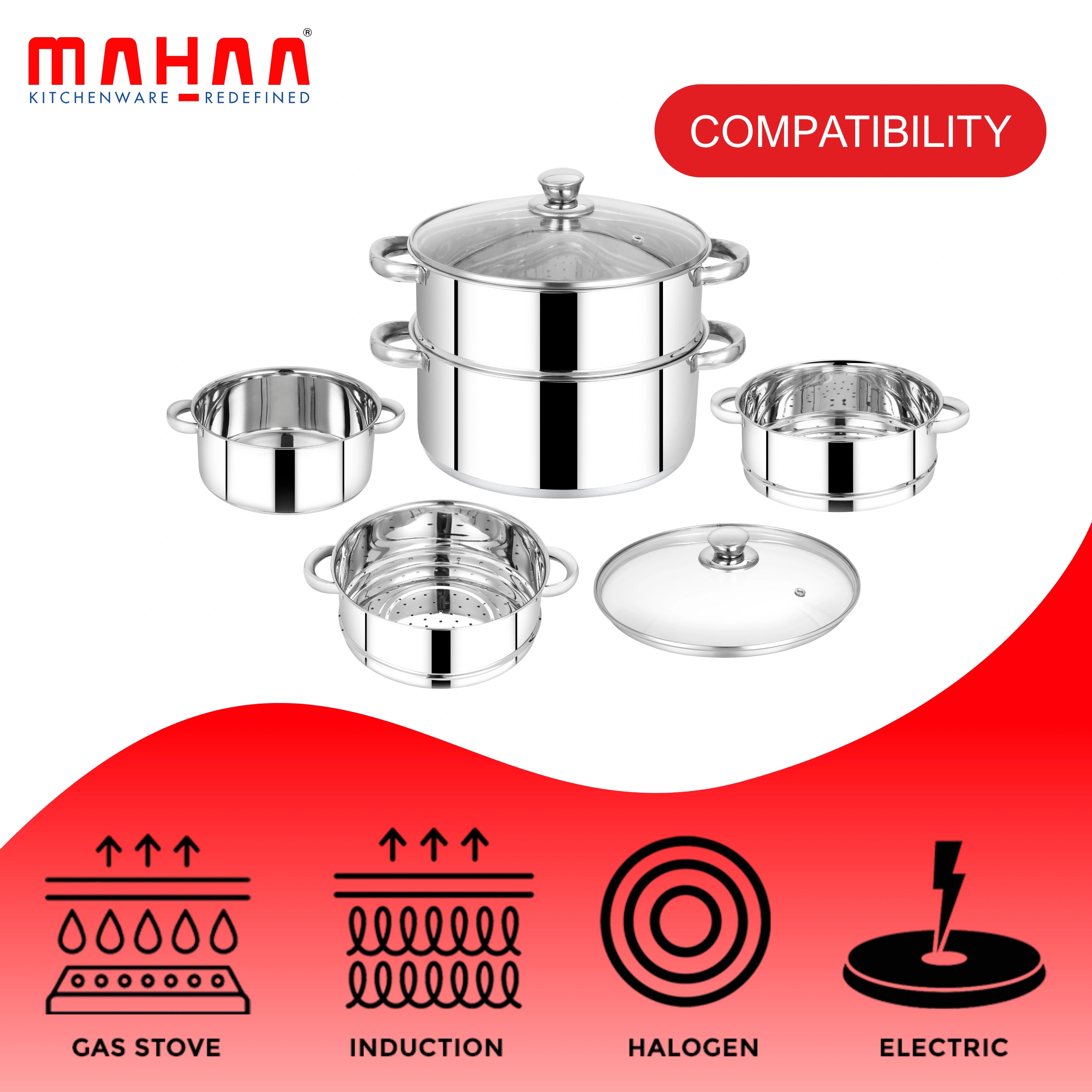 MAHAA Stainless Steel 2-Tier Utena Smart Steamer for Idlis, Momos & Vegetables | Tri Ply Base | Induction & Gas Compatible | Food-Grade SS | Easy to Clean (18CM / 20CM)