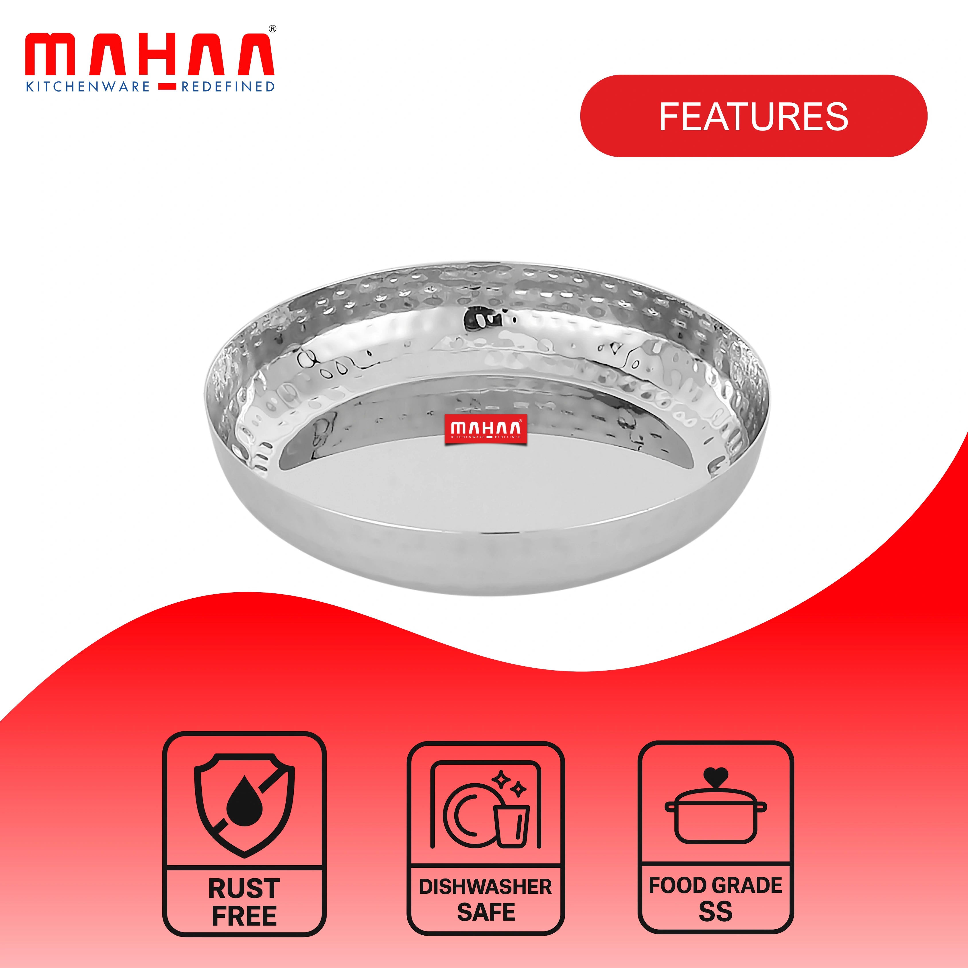 MAHAA Stainless Steel Halwa Plate – 2 Pcs Set | High Quality | Hammered Finish | Rust-Free & Dishwasher Safe | Perfect for Serving Indian Desserts