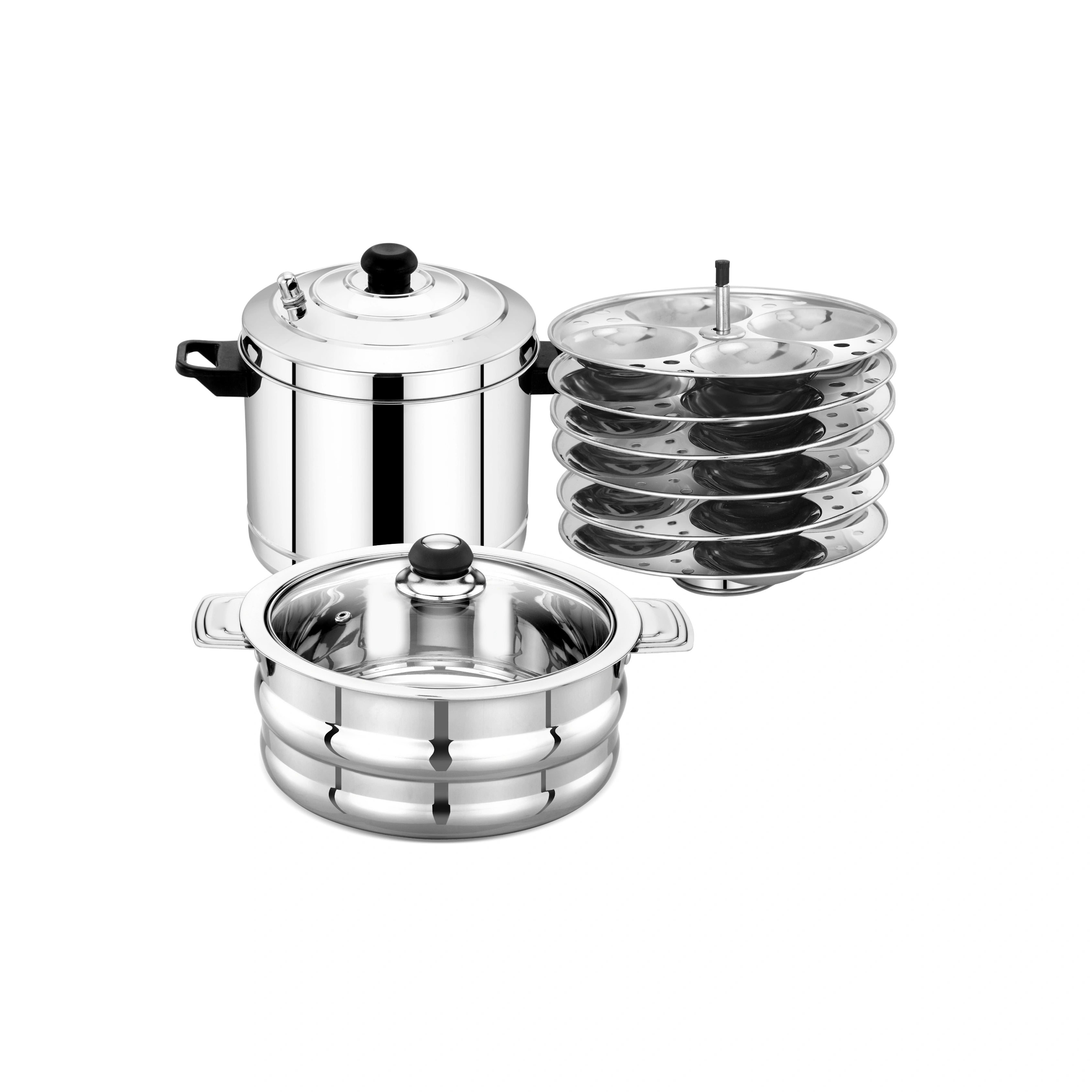MAHAA Stainless Steel Combo Idly Cooker + Orchid Hotpot – 6 Plate Idly Pot (24 Idlis) & 2.5L Thermal Hotpot with Glass Lid | Stainless Steel, Induction Friendly