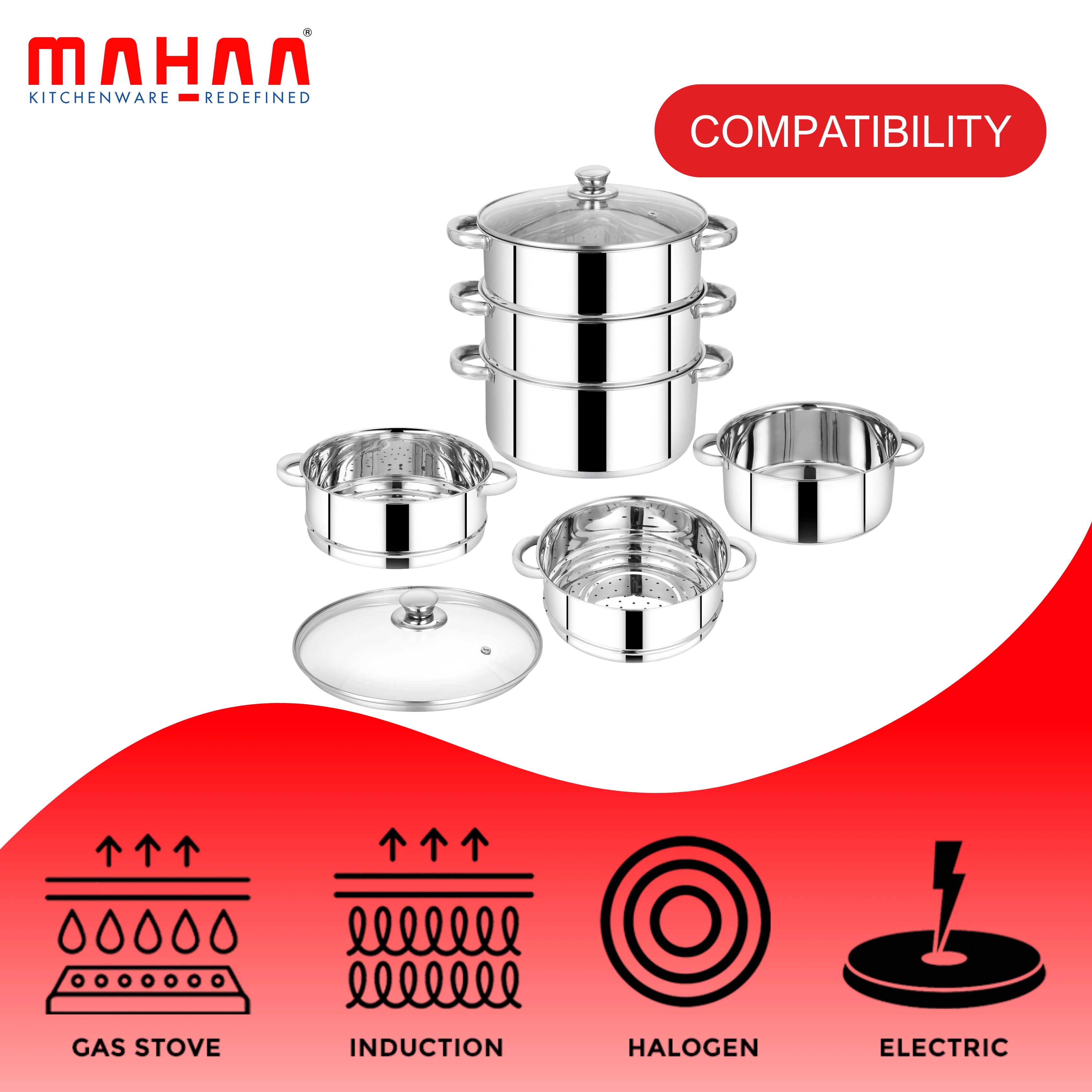 MAHAA Stainless Steel 3-Tier Utena Smart Steamer for Idlis, Momos & Vegetables | Tri Ply Base | Induction & Gas Compatible | Food-Grade SS | Easy to Clean (18CM / 20CM)