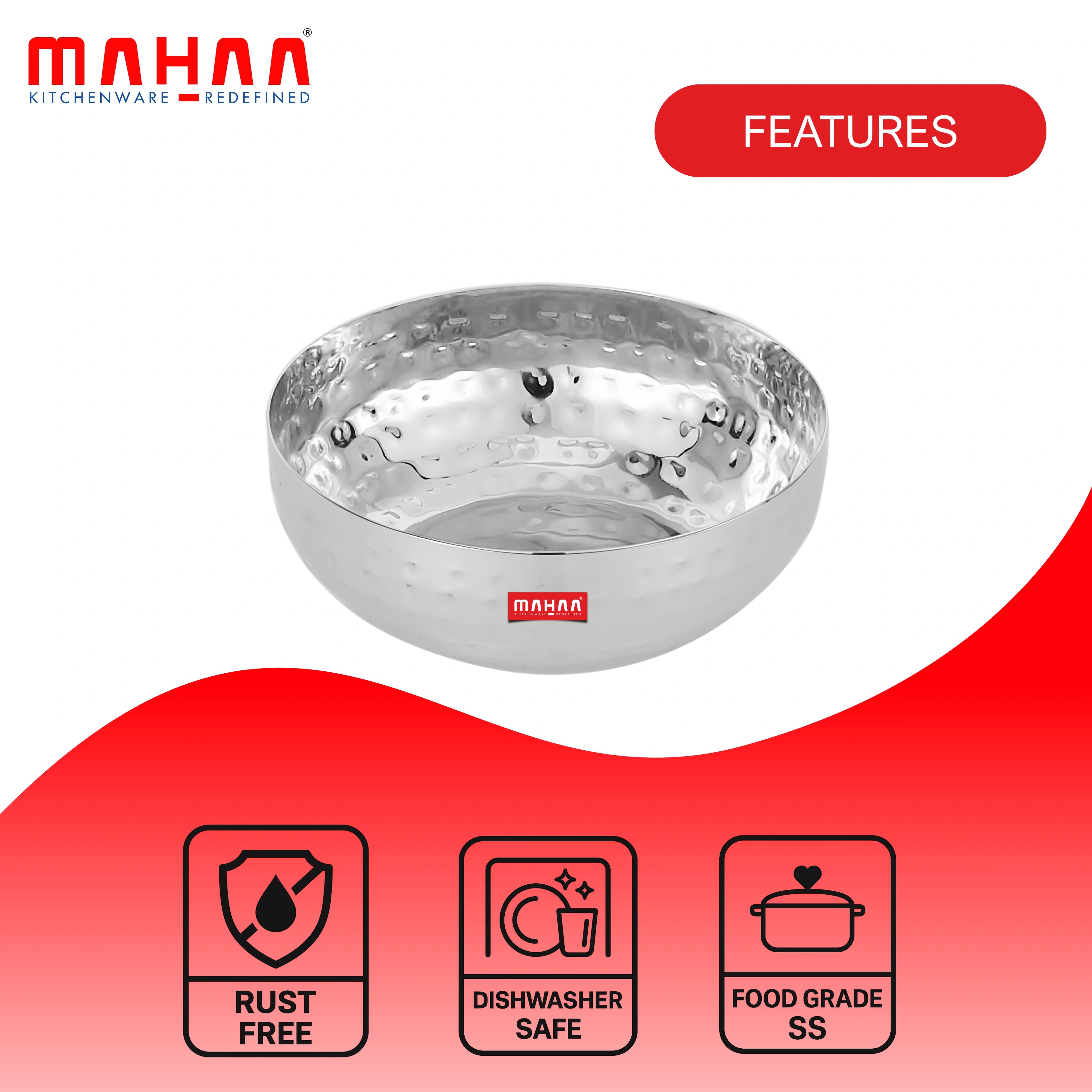 MAHAA Stainless Steel Deep Bowl – 2 Pcs Set | High Quality | Hammered Finish | Handcrafted Look | Rust-Free & Dishwasher Safe