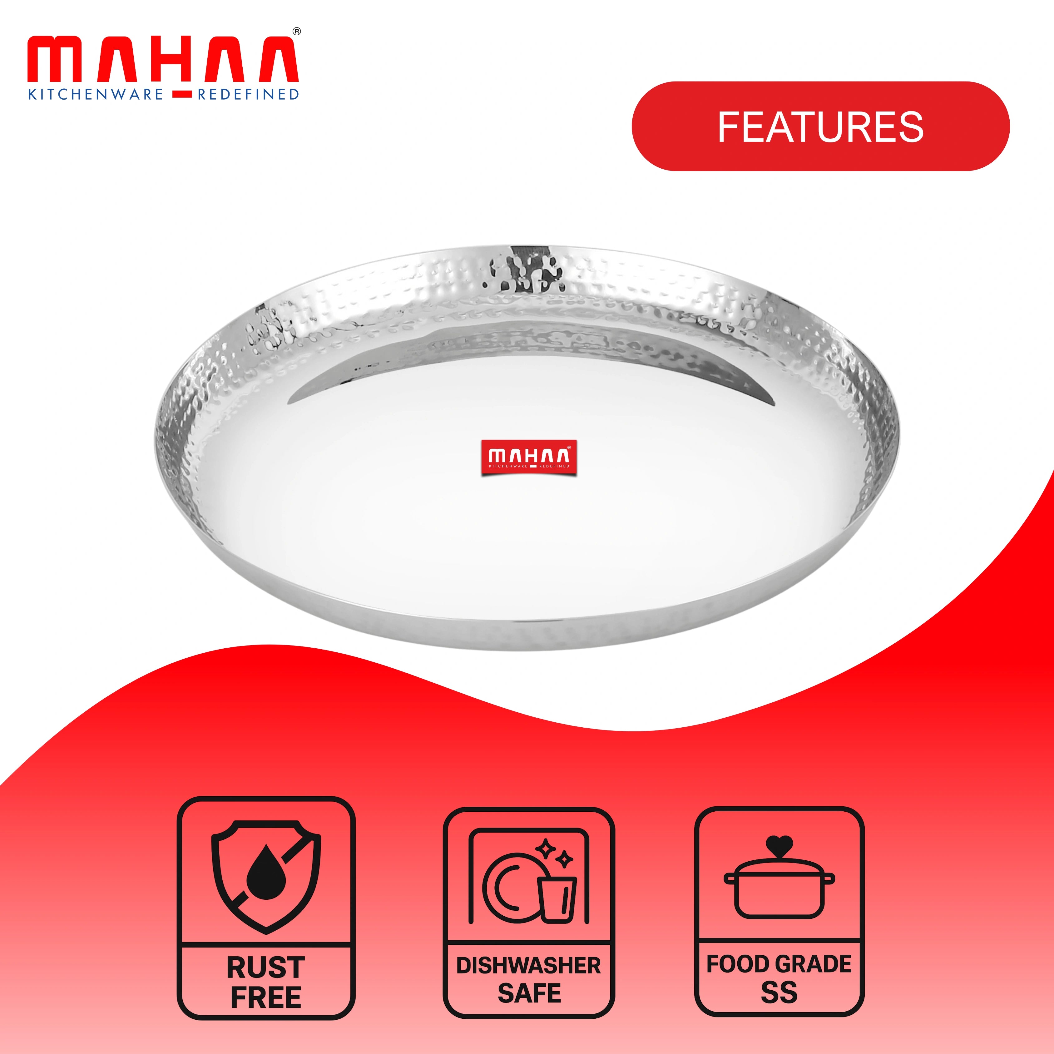 MAHAA Stainless Steel China Plate - 2 Pcs Set | High Quality | Hammered Finish | Durable & Rust-Free | Ideal for Daily & Festive Use | 17.5cm, 20cm, 22.5cm, 25cm, 28cm, 30.5cm, 33cm