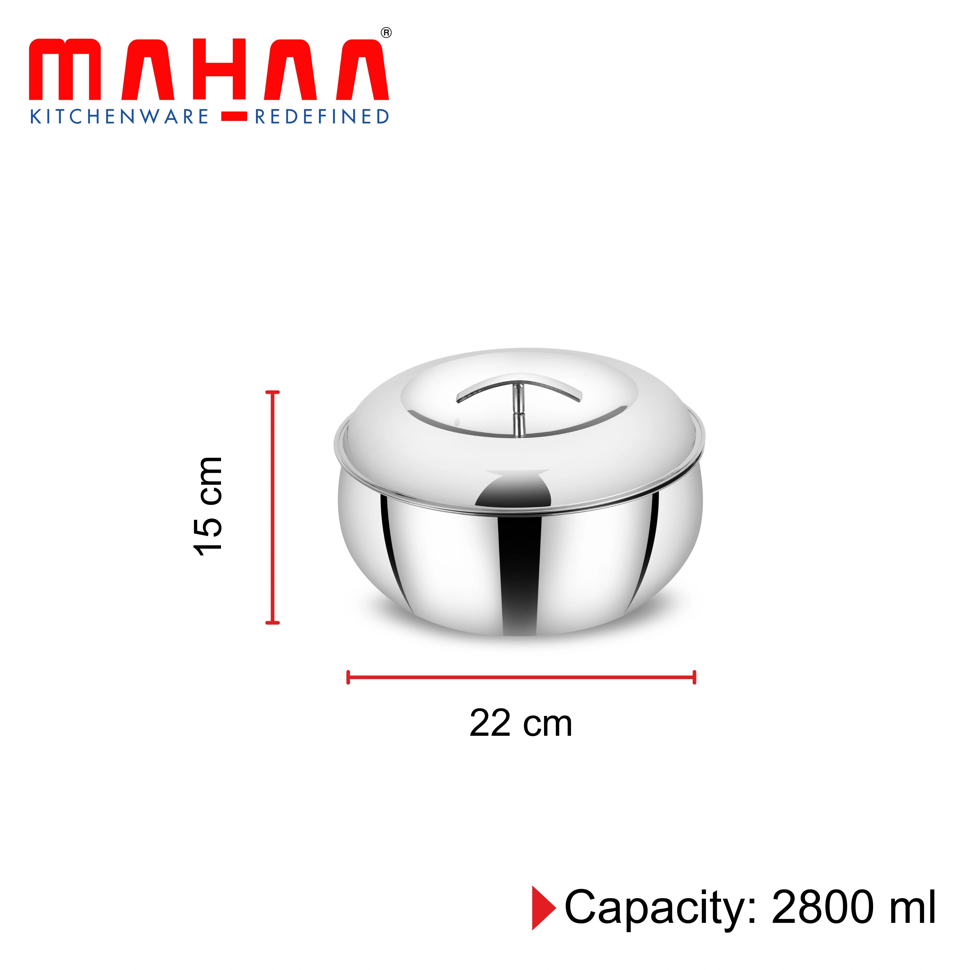 MAHAA Curve Premium Double Wall Insulated Stainless Steel Casserole - Hot Pot for Roti-Rice-Gravy-Curry | Mirror Finish | Silver Hot Box with Snug Fit Lid Lid | Retains Temperature, Twist Lock |