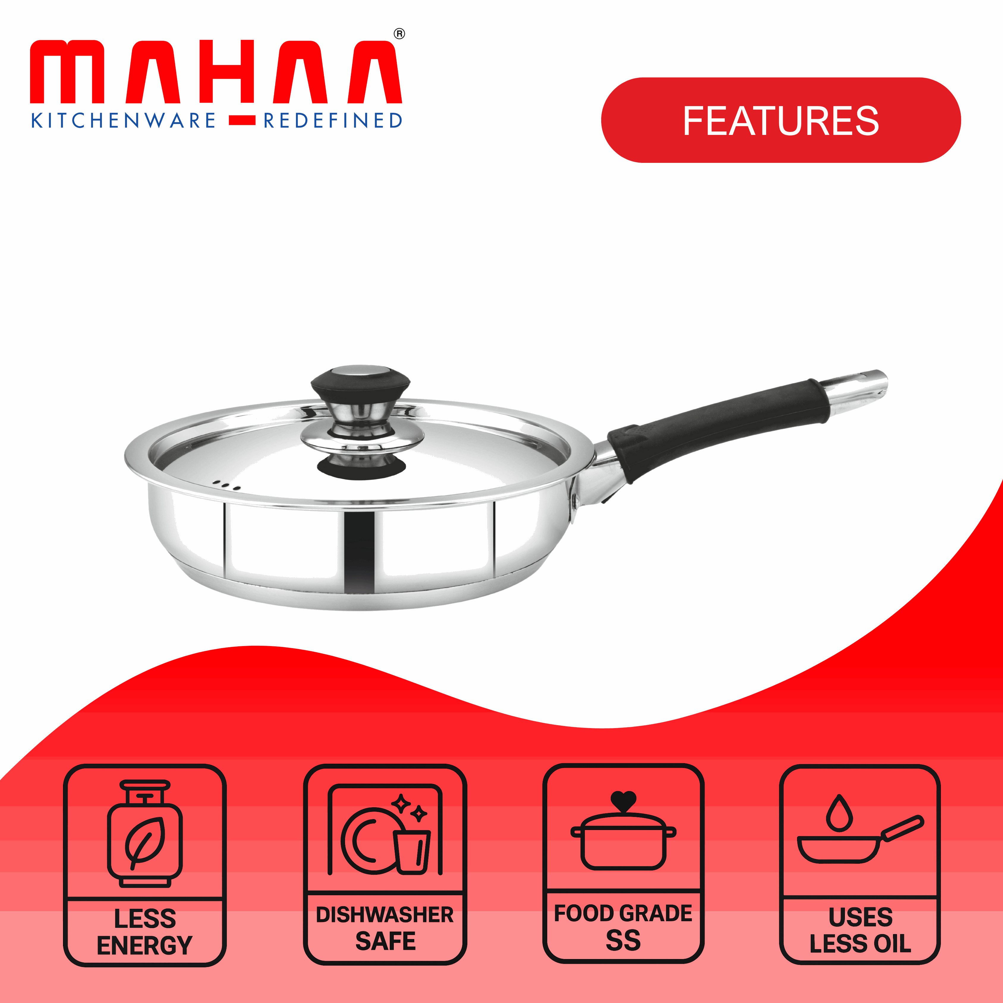 Chroma Stainless Steel Fry Pan with Lid – Non-Stick & Durable | Ideal for Veggies, Noodles, Fried Rice | Available in 20cm & 22cm