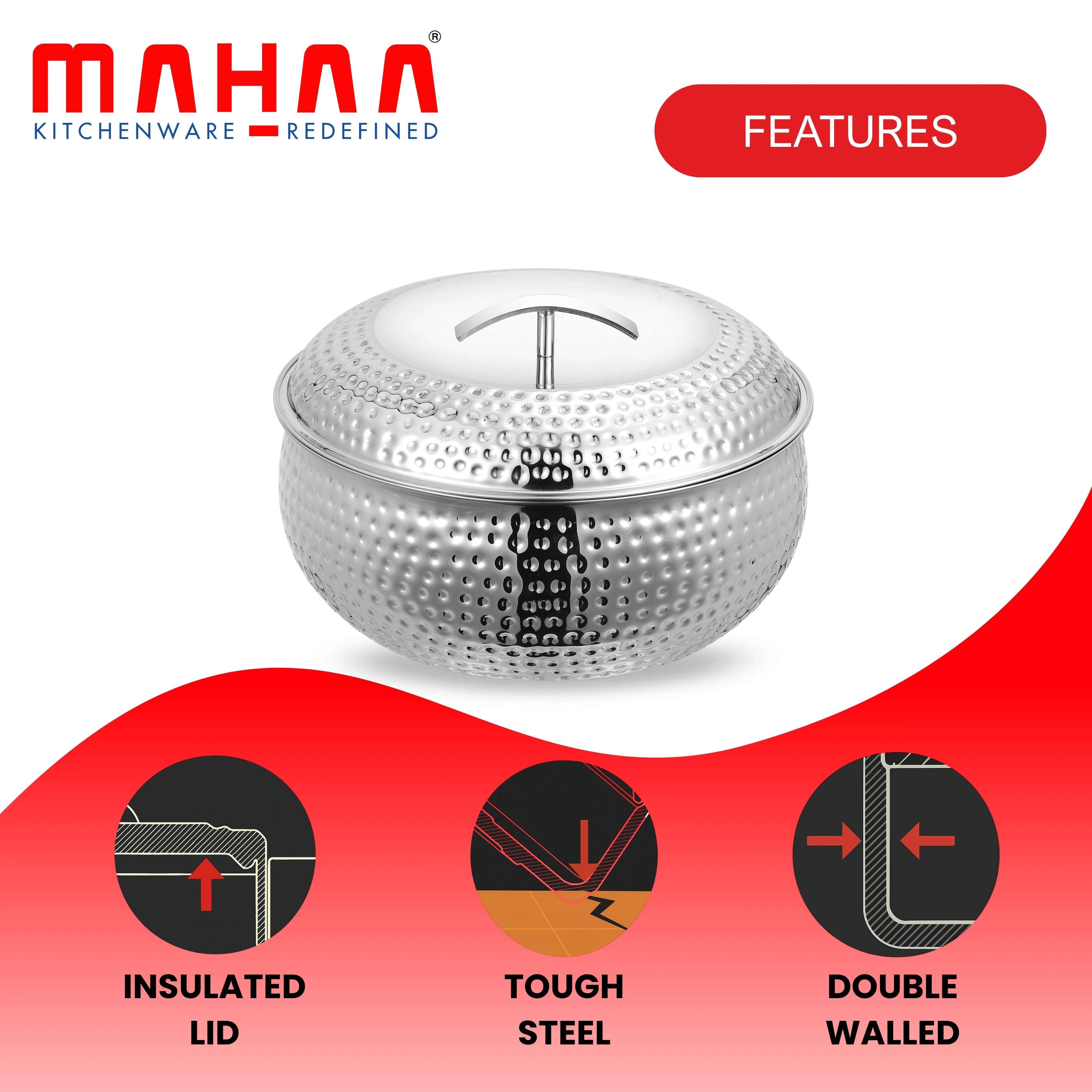 Curve Hammered Stainless Steel Casserole Hot Pot | Double Wall Insulated | Snug Fit Lid | Hammered Finish