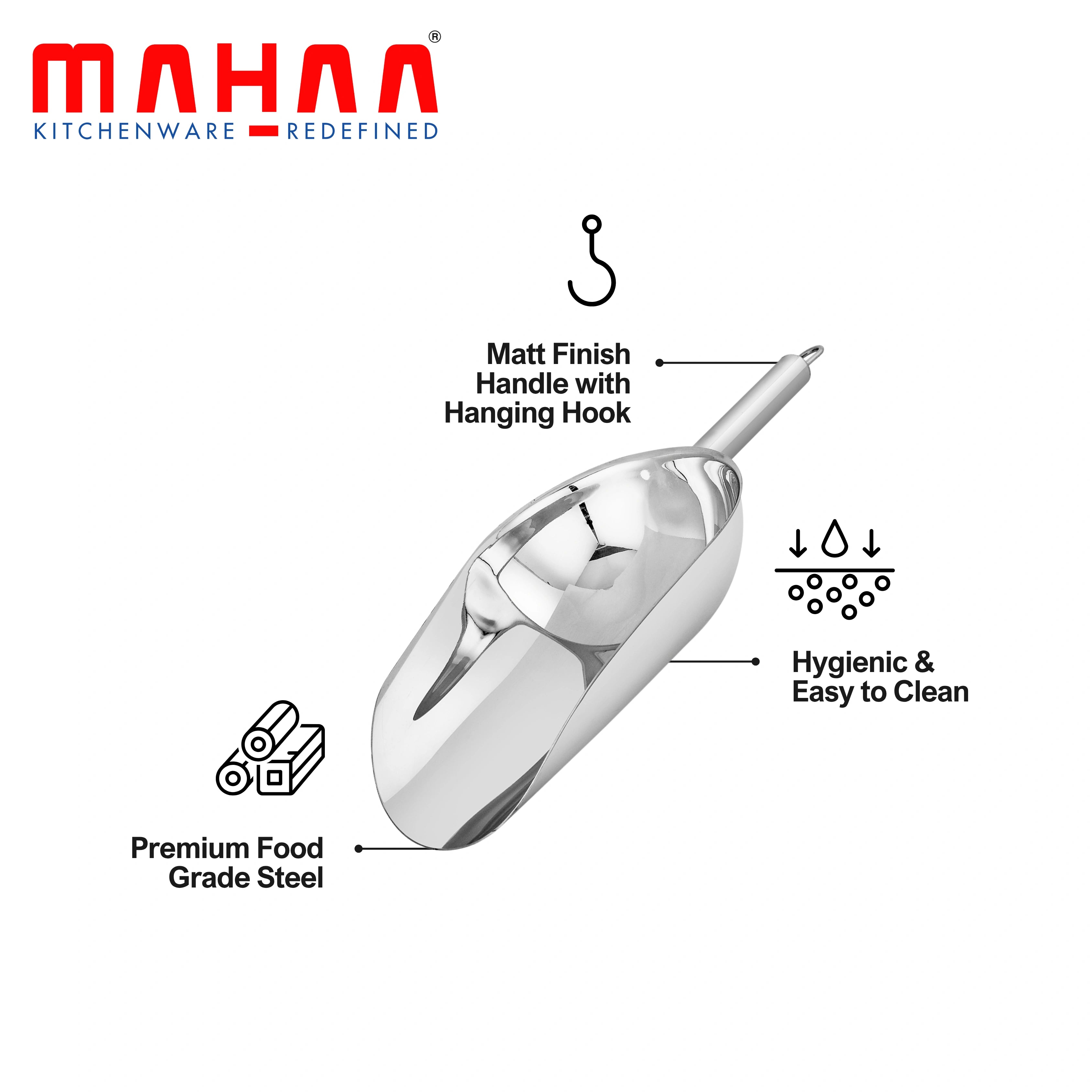 MAHAA Stainless Steel Scoop – Multipurpose Shovel Design | Rust-Free | Durable | Ideal for Rice, Flour, Pulses, Grains | Hotel & Home Use | 2/2.5/3/3.5/4/4.5/5.5 inches