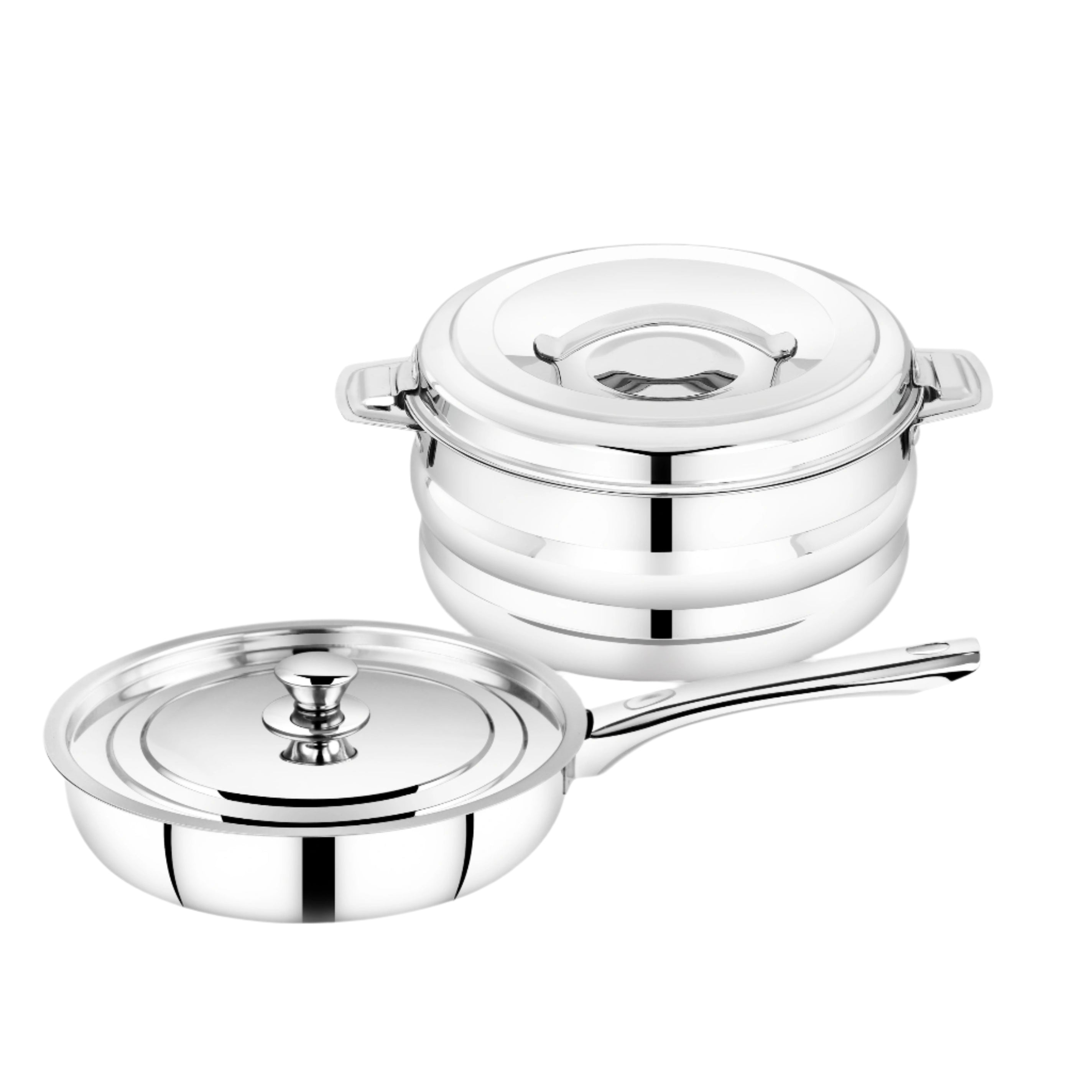 MAHAA Stainless Steel Fry Pan with Lid & Hotpot – 24CM Frying Pan + 1.5L Insulated Casserole for Daily Cooking & Serving