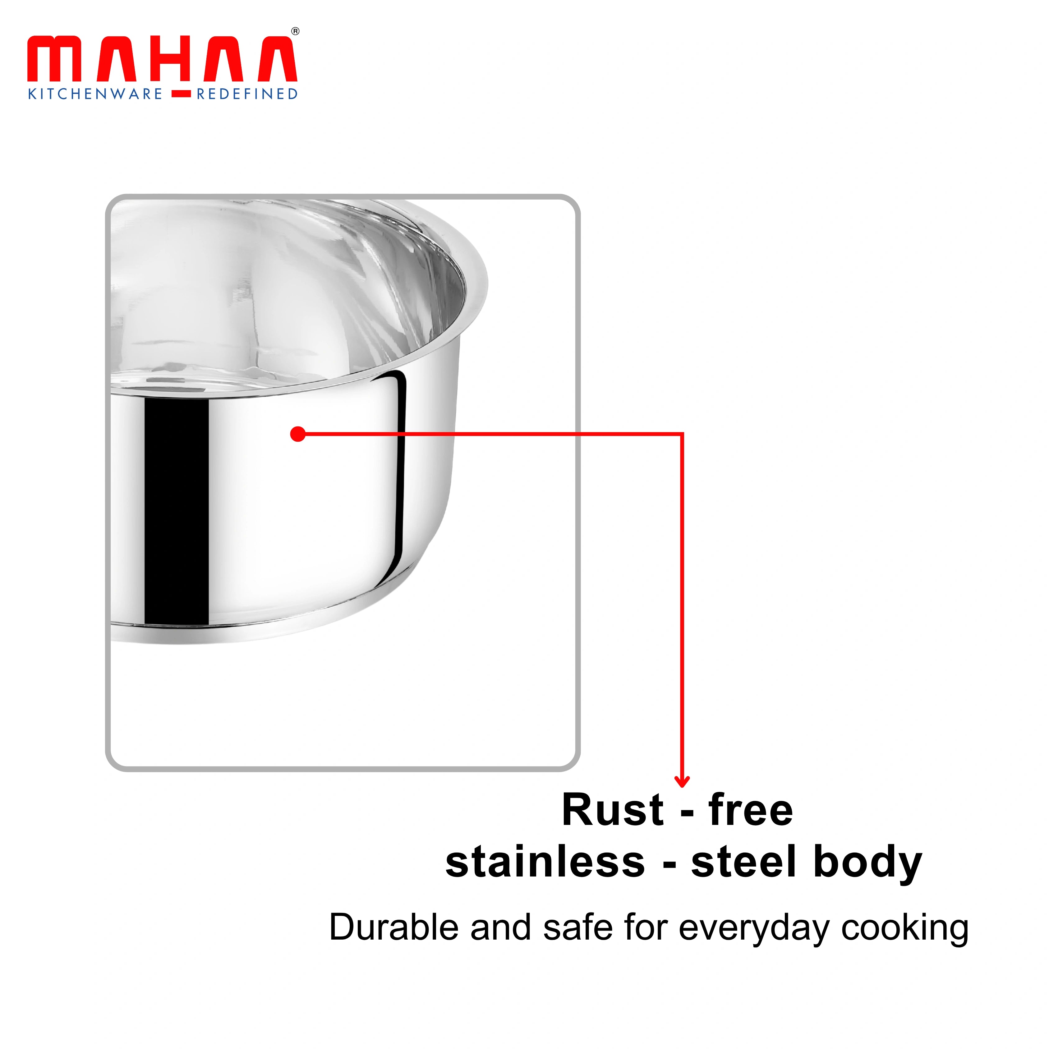 MAHAA Utena Stainless Steel Sauce Pan – Tea, Milk, Soup, Maggie Pan | Tri Ply Base | Non-stick | Gas & Induction Compatible | StayCool+ Handle | 14cm / 16cm / 18cm / 20cm
