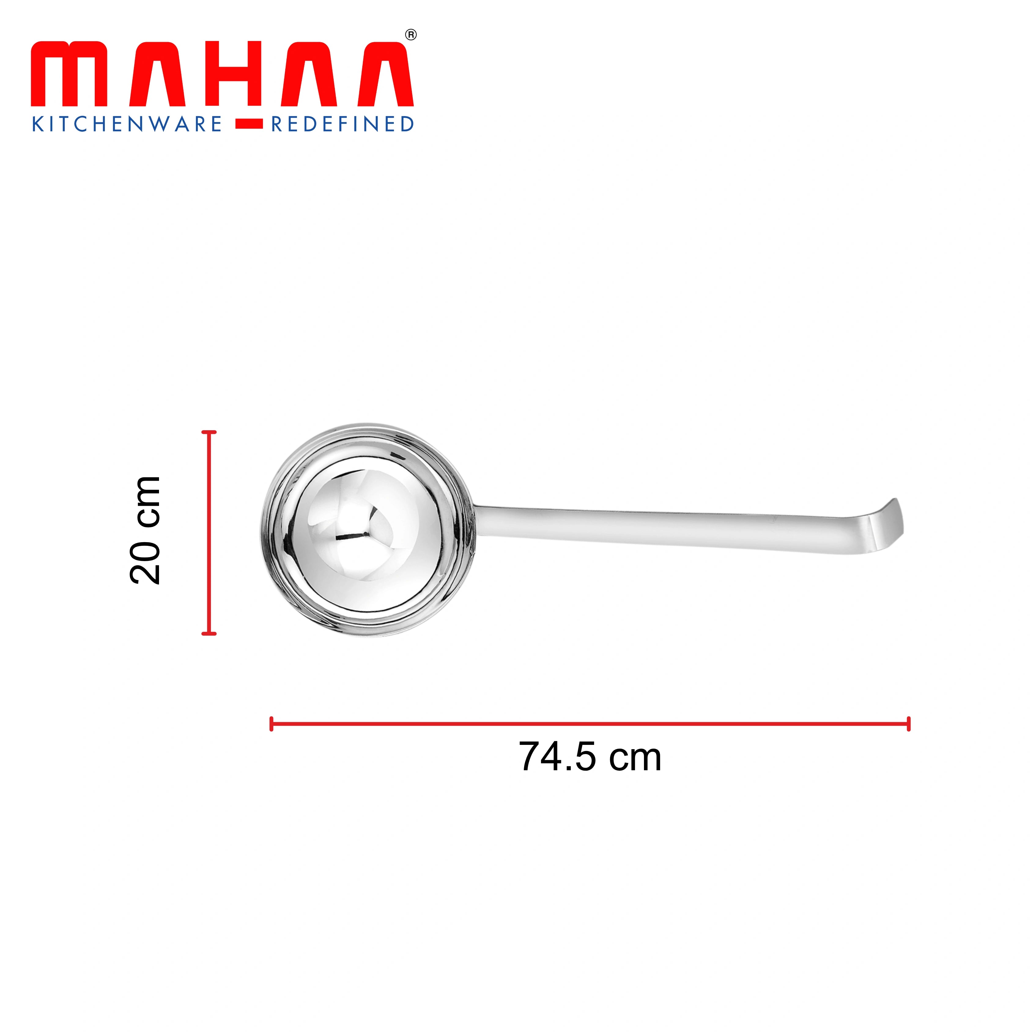 MAHAA Stainless Steel Ladle – Heat-Resistant Handle | Deep Bowl Design | Rust-Free | Ideal for Soups, Stews, Sauces & Curries | 6.5/8/10/12/14/16/18//20 CM