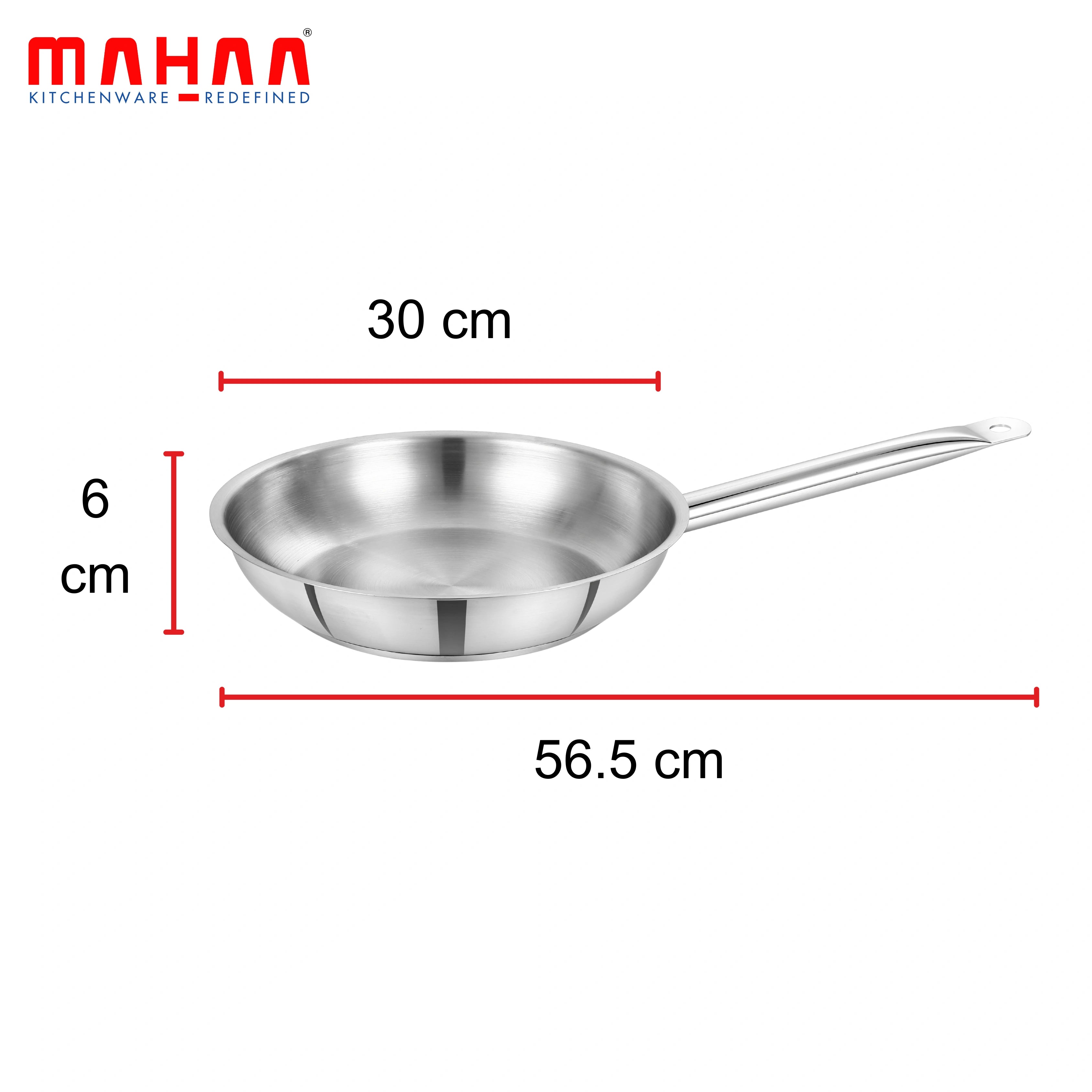 MAHAA Stainless Steel Professional Fry Pan – Scratch-Resistant Body | Heavy-Duty Stainless Steel | Tri Ply Base | Gas &  Induction Compatible | Cool-Touch Handle | 20/24/26/28/30/32 cm