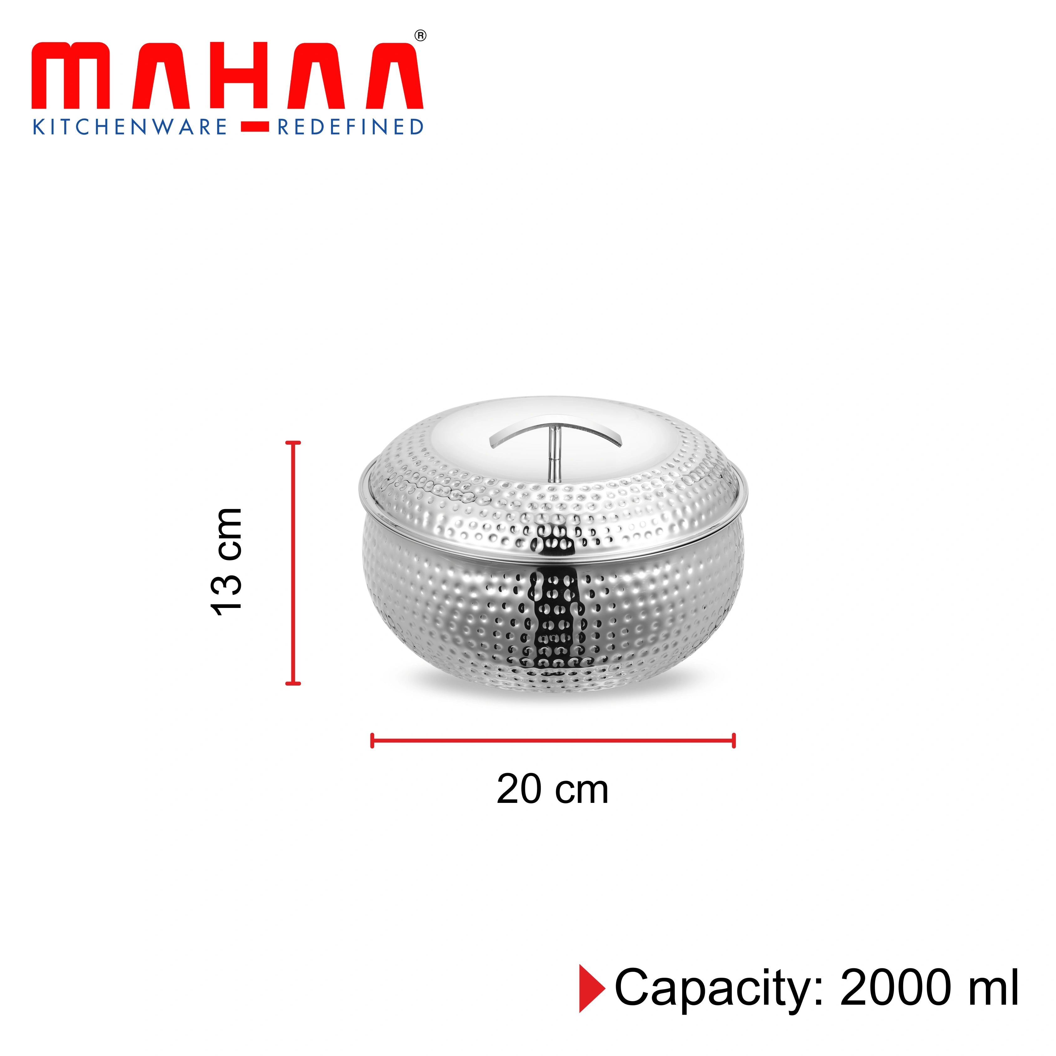 MAHAA Curve Premium Double Wall Insulated Stainless Steel Casserole - Hot Pot for Roti-Rice-Gravy-Curry | Hammered Finish | Silver Hot Box with Snug Fit Lid Lid | Retains Temperature, Twist Lock |