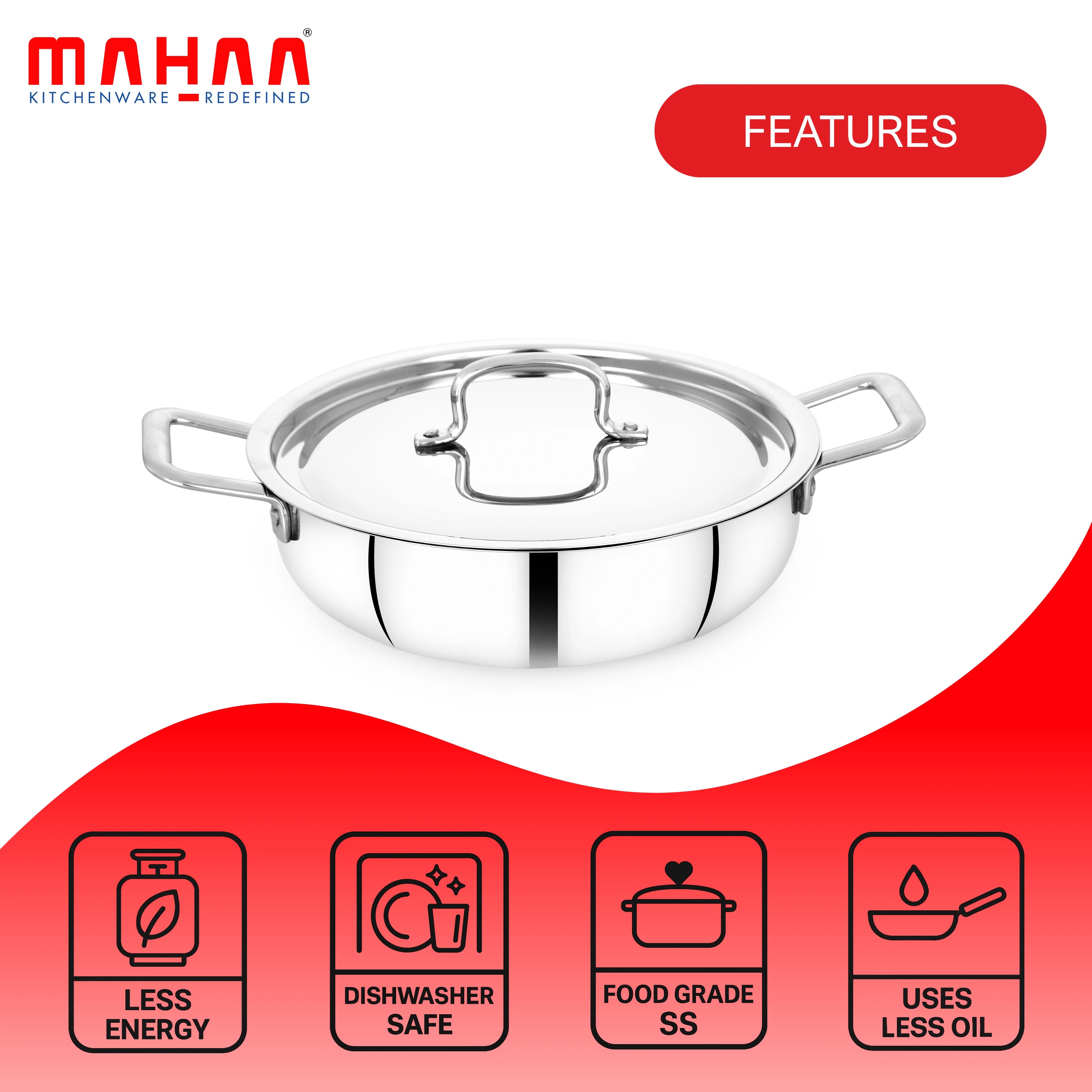 MAHAA Avanti Stainless Steel Kadai – Premium Quality with Snug-Fit Lid | Tri Ply Base | Non-stick | Gas & Induction Compatible | Cool-Touch Handle | 1.2L to 4.7L | Free ₹300 SS Water Bottle