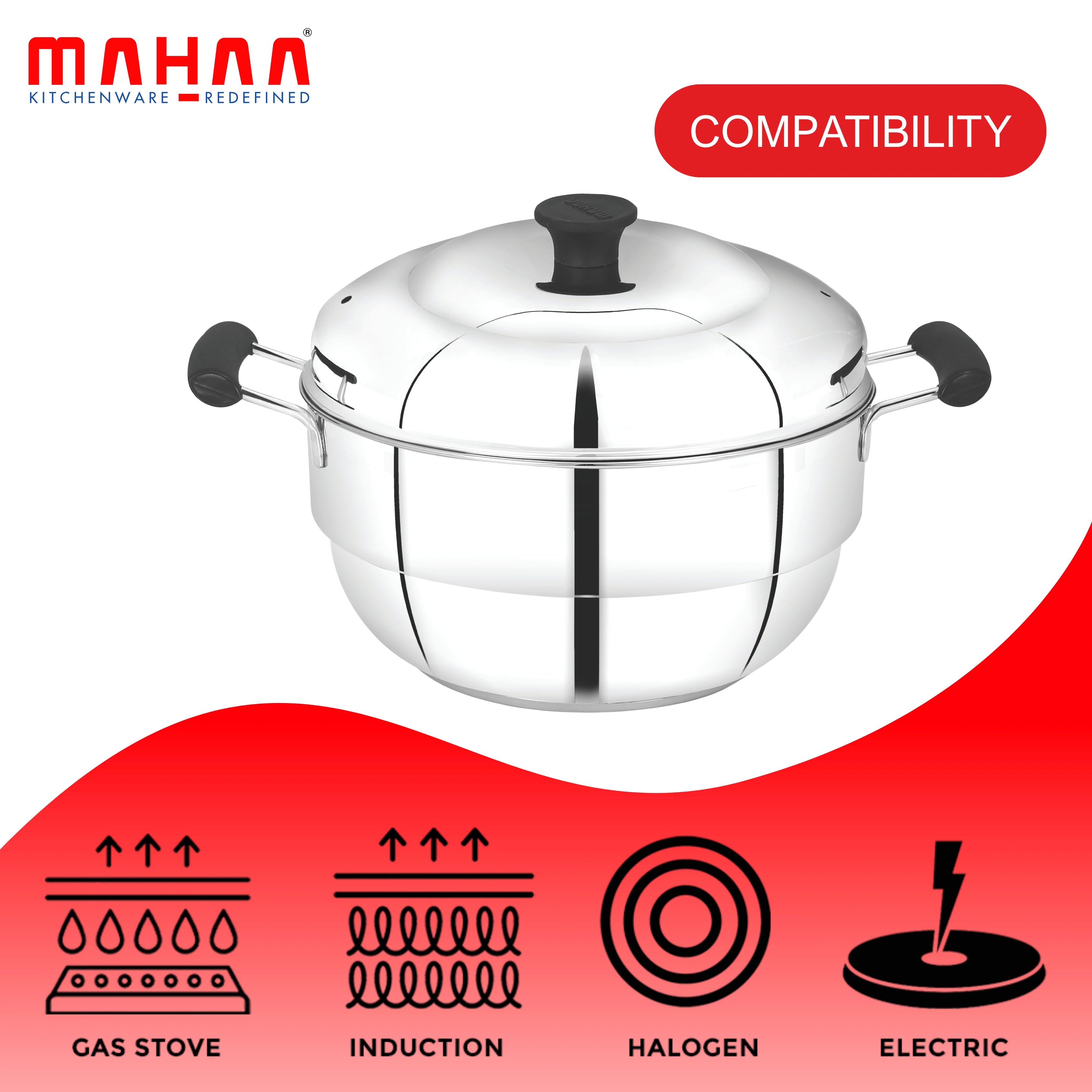 MAHAA Stainless Steel Multi Kadai 22CM – Versatile Kadai with Steam Release Lid | Steam Idlis, Mini Idlis, Dhokla, Idiyappams, Momos and Vegetables | Tri Ply Base | StayCool+ Handle & Lid Knob