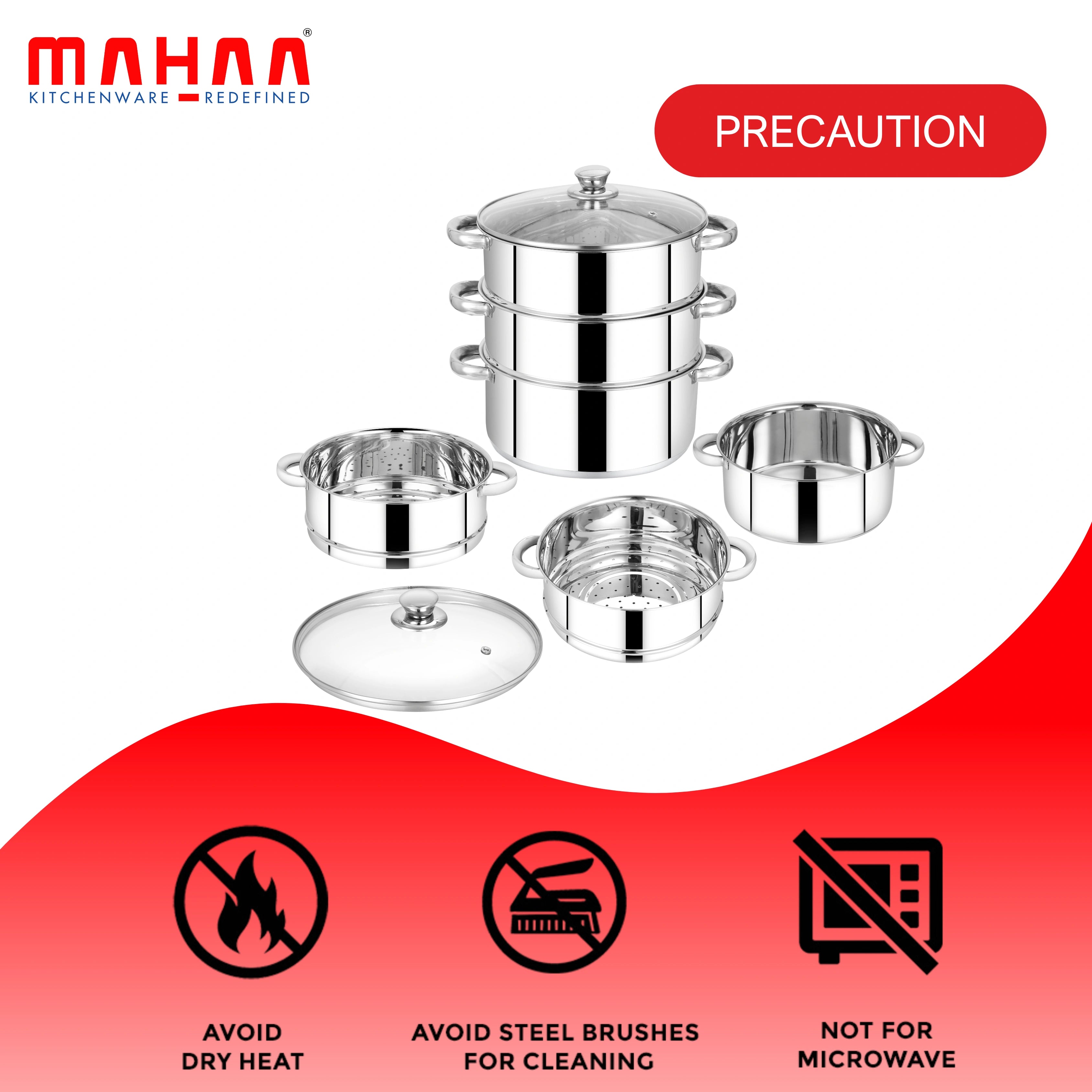 MAHAA Stainless Steel 3-Tier Utena Smart Steamer for Idlis, Momos & Vegetables | Tri Ply Base | Induction & Gas Compatible | Food-Grade SS | Easy to Clean (18CM / 20CM)