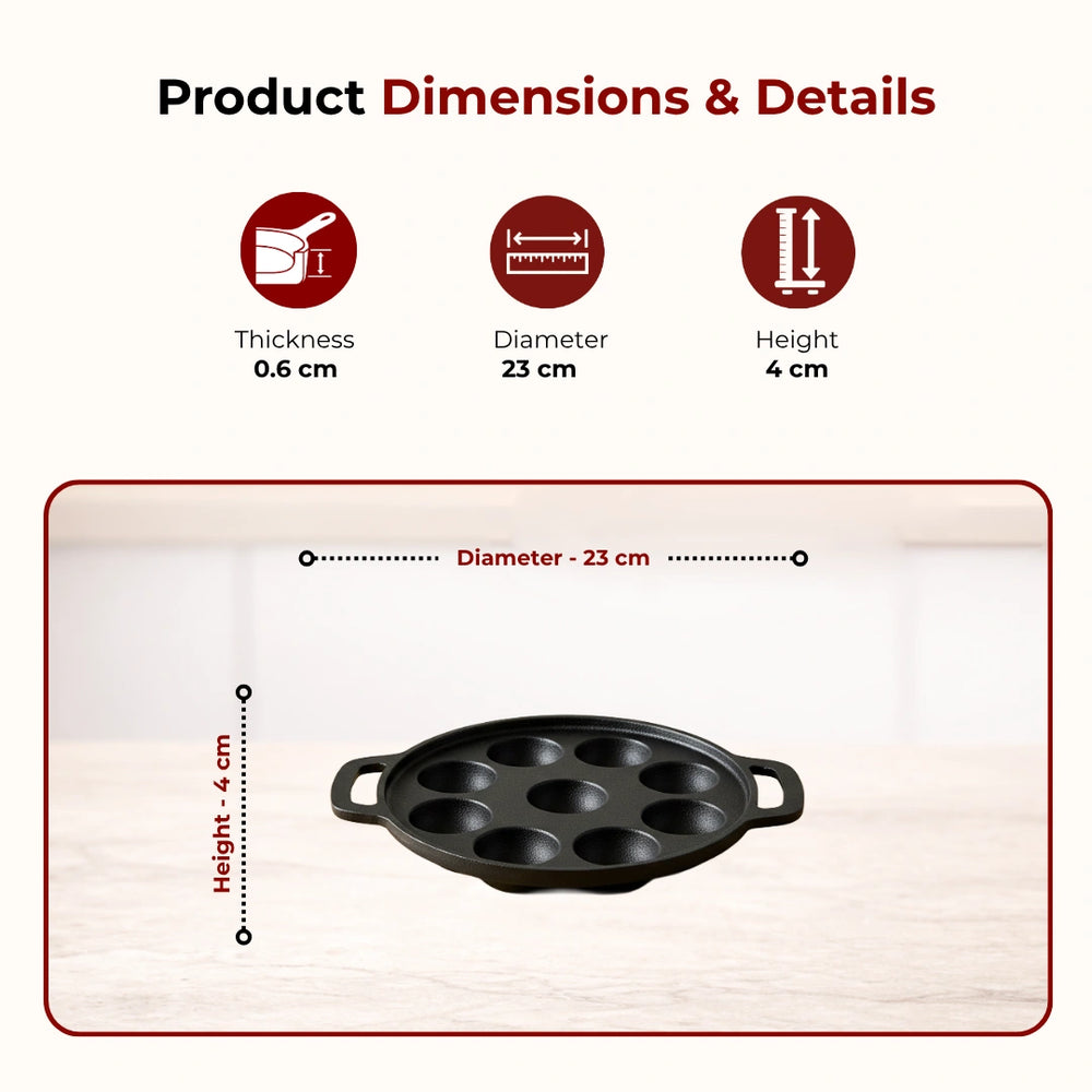 Cast Iron Paniyarram Pan 9 Pits, Pre-Seasoned Traditional Pure Iron Pan, Even Heating, Gas & Induction Compatible