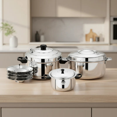 Amaze Stainless Steel Kitchen Gift Set: Milk Boiler 2L + 4-Plate Idli Cooker + Bluebell Insulated Casserole 1500ml, Gas & Induction Compatible, 3-in-1 Functional Combo Cookware Set