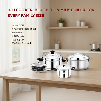 Amaze Stainless Steel Kitchen Gift Set: Milk Boiler 2L + 4-Plate Idli Cooker + Bluebell Insulated Casserole 1500ml, Gas & Induction Compatible, 3-in-1 Functional Combo Cookware Set