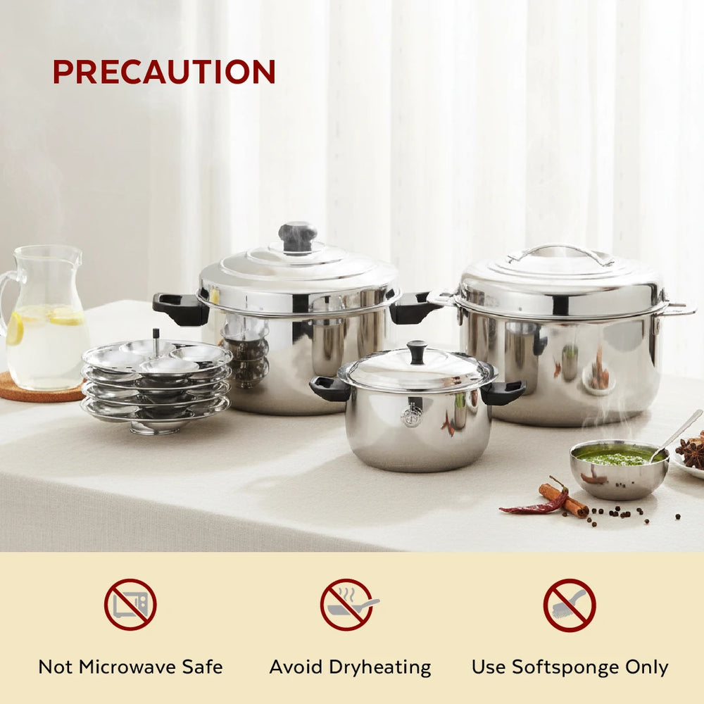 Amaze Stainless Steel Kitchen Gift Set: Milk Boiler 2L + 4-Plate Idli Cooker + Bluebell Insulated Casserole 1500ml, Gas & Induction Compatible, 3-in-1 Functional Combo Cookware Set