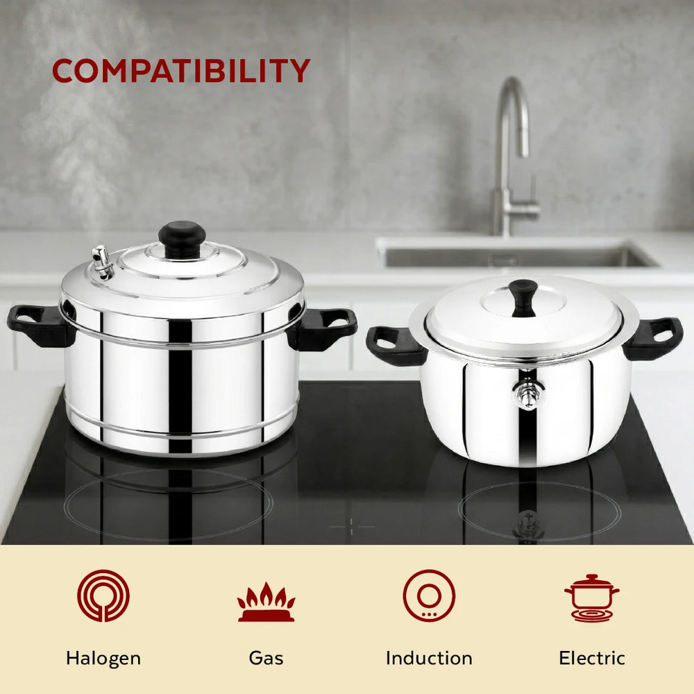 Amaze Stainless Steel Kitchen Gift Set: Milk Boiler 2L + 4-Plate Idli Cooker + Bluebell Insulated Casserole 1500ml, Gas & Induction Compatible, 3-in-1 Functional Combo Cookware Set