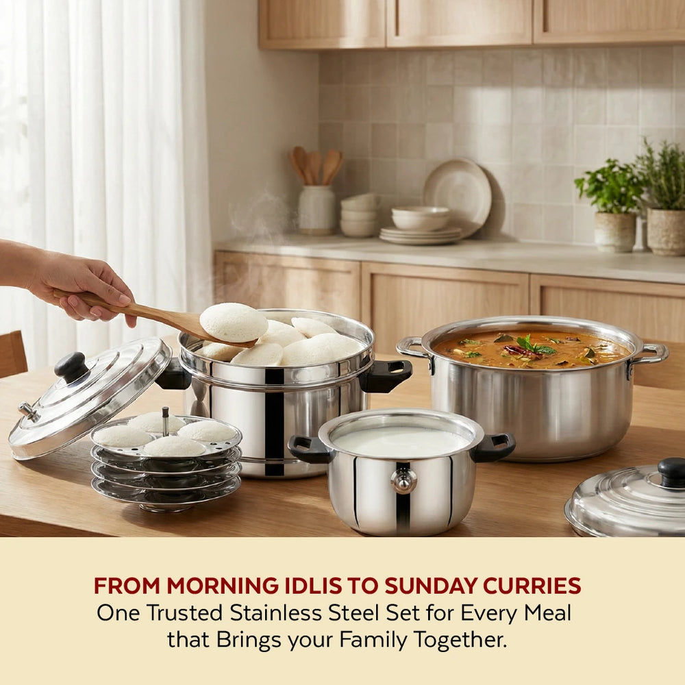 Amaze Stainless Steel Kitchen Gift Set: Milk Boiler 2L + 4-Plate Idli Cooker + Bluebell Insulated Casserole 1500ml, Gas & Induction Compatible, 3-in-1 Functional Combo Cookware Set
