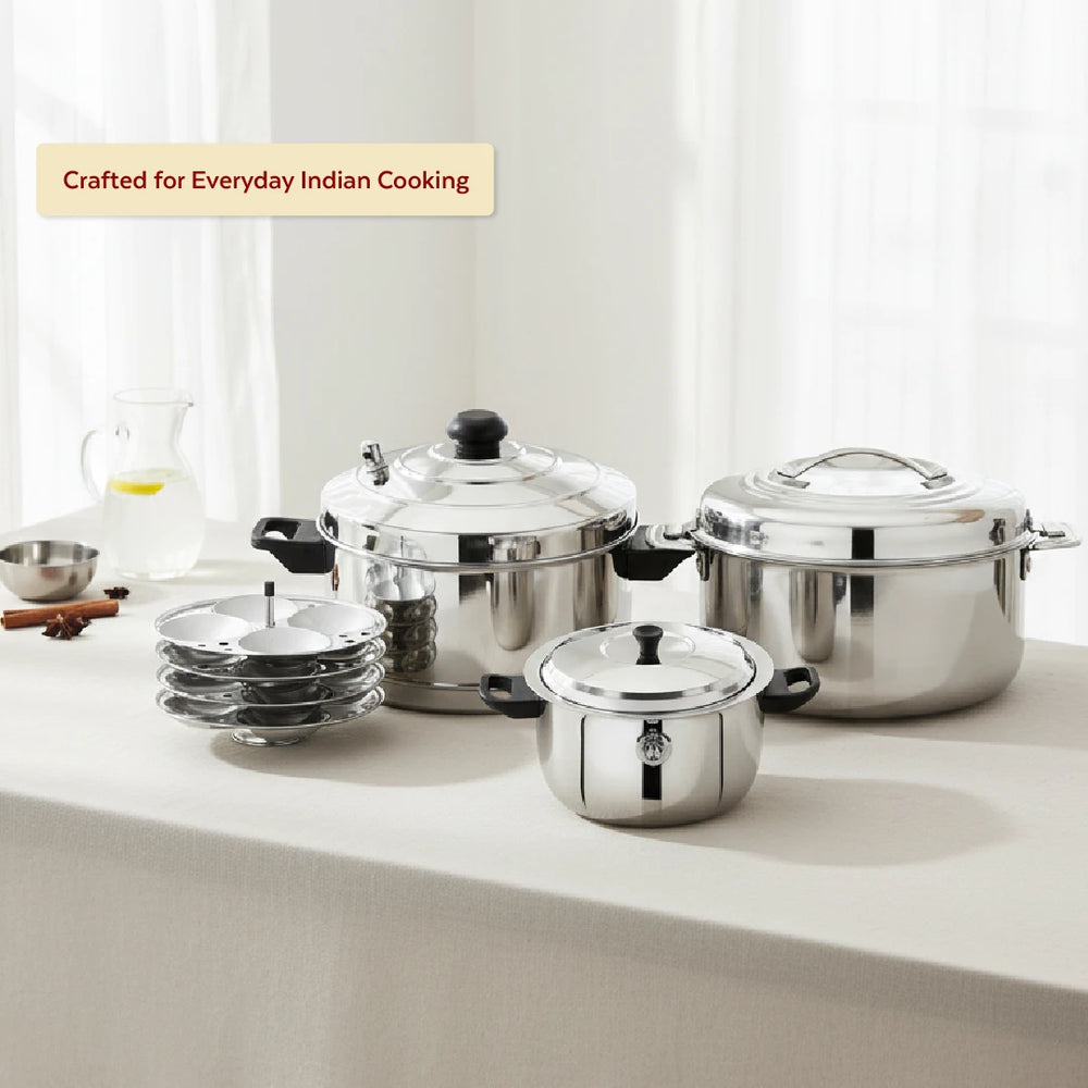 Amaze Stainless Steel Kitchen Gift Set: Milk Boiler 2L + 4-Plate Idli Cooker + Bluebell Insulated Casserole 1500ml, Gas & Induction Compatible, 3-in-1 Functional Combo Cookware Set