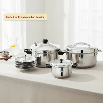 Amaze Stainless Steel Kitchen Gift Set: Milk Boiler 2L + 4-Plate Idli Cooker + Bluebell Insulated Casserole 1500ml, Gas & Induction Compatible, 3-in-1 Functional Combo Cookware Set