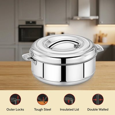 Aspen Stainless Steel Insulated Casserole – Snug-Fit Lock, Hot Pot for Roti-Rice-Gravy-Curry, Retains Temperature, Twist Lock