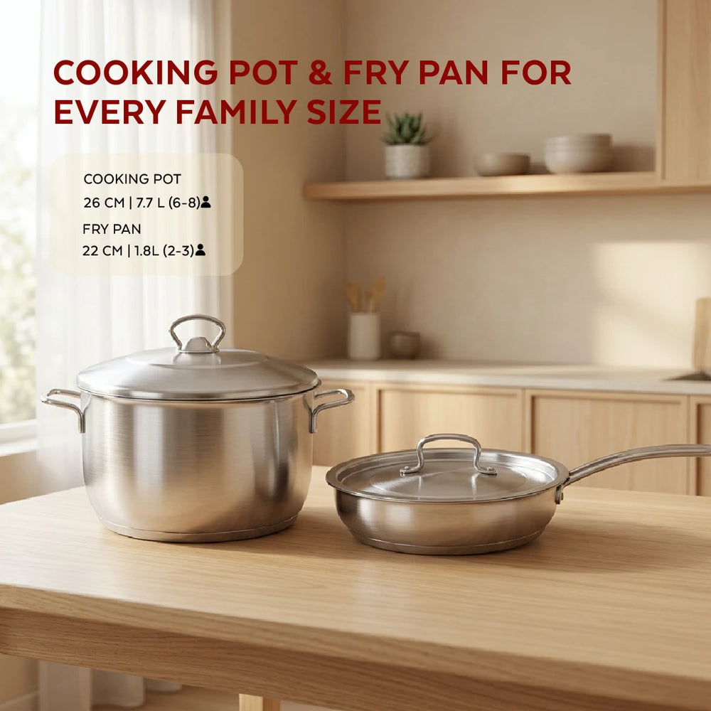 Avanti Stainless Steel Cookware Set: Cooking Pot 26 CM & Fry Pan 22 CM | Heavy Premium Quality Combo, Tri Ply Base, Non-stick, Gas & Induction Compatible, Cool-Touch Handle