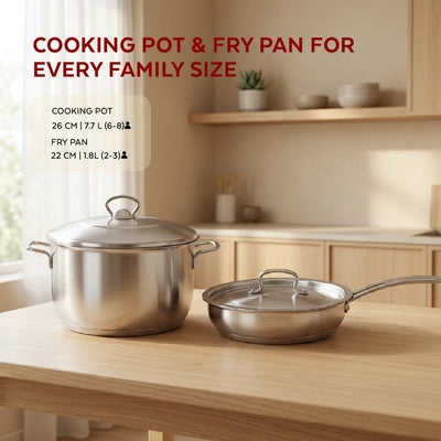 Avanti Stainless Steel Cookware Set: Cooking Pot 26 CM & Fry Pan 22 CM | Heavy Premium Quality Combo, Tri Ply Base, Non-stick, Gas & Induction Compatible, Cool-Touch Handle