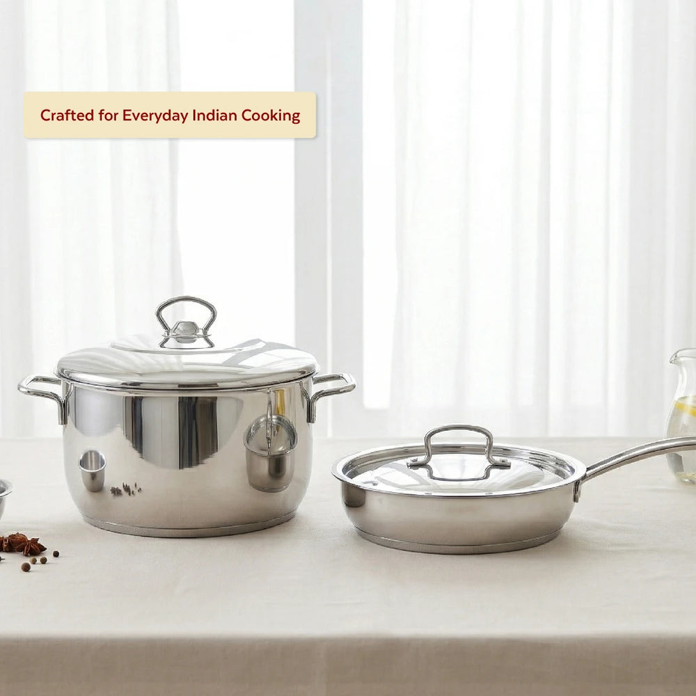 Avanti Stainless Steel Cookware Set: Cooking Pot 26 CM & Fry Pan 22 CM | Heavy Premium Quality Combo, Tri Ply Base, Non-stick, Gas & Induction Compatible, Cool-Touch Handle