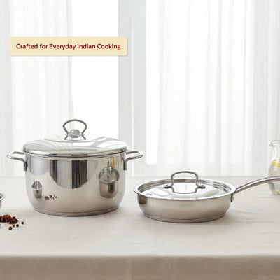 Avanti Stainless Steel Cookware Set: Cooking Pot 26 CM & Fry Pan 22 CM | Heavy Premium Quality Combo, Tri Ply Base, Non-stick, Gas & Induction Compatible, Cool-Touch Handle
