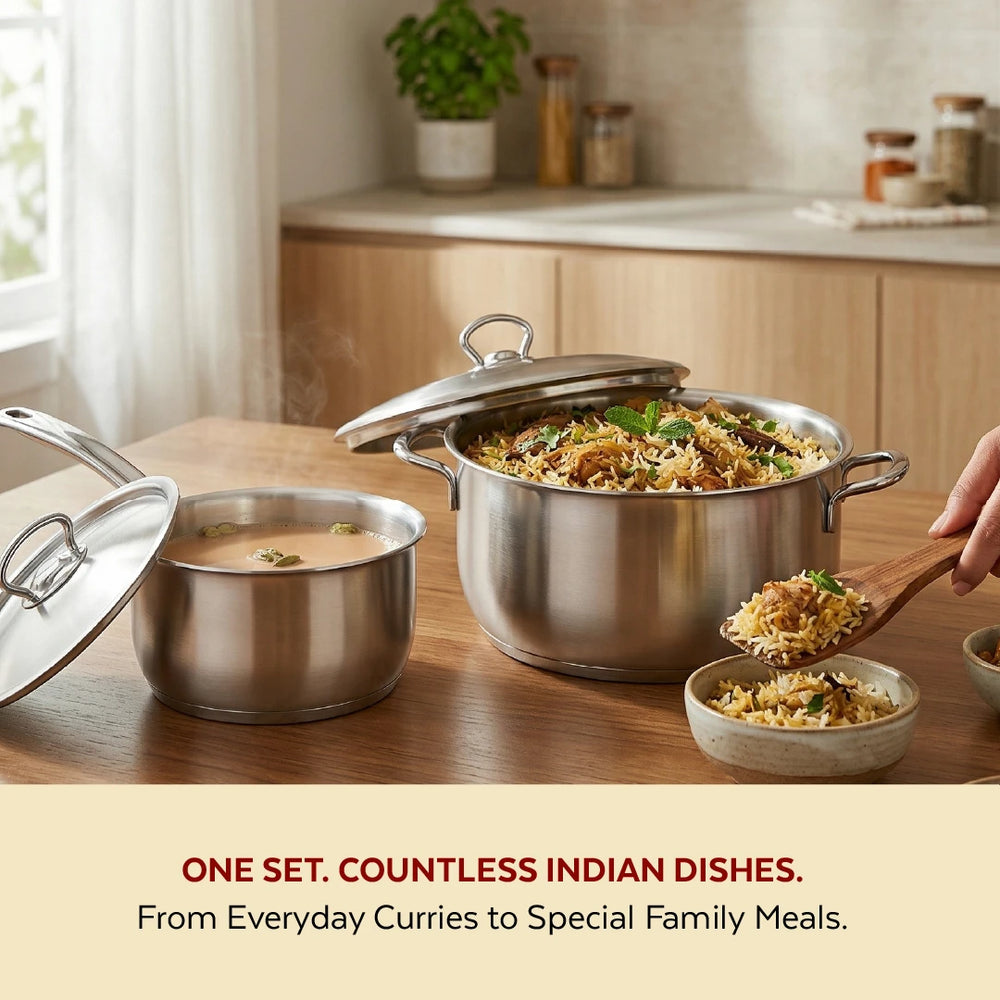 Avanti Stainless Steel Cookware Set: Cooking Pot 26 CM & Sauce Pan 16 CM (2.0 L) | Heavy Premium Quality Combo, Tri Ply Base, Non-stick, Gas & Induction Compatible, Cool-Touch Handle