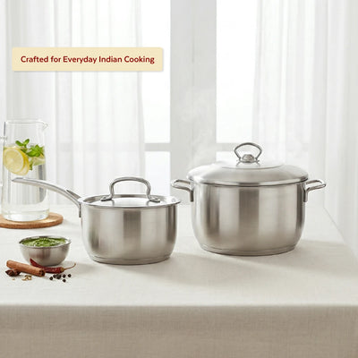 Avanti Stainless Steel Cookware Set: Cooking Pot 26 CM & Sauce Pan 16 CM (2.0 L) | Heavy Premium Quality Combo, Tri Ply Base, Non-stick, Gas & Induction Compatible, Cool-Touch Handle