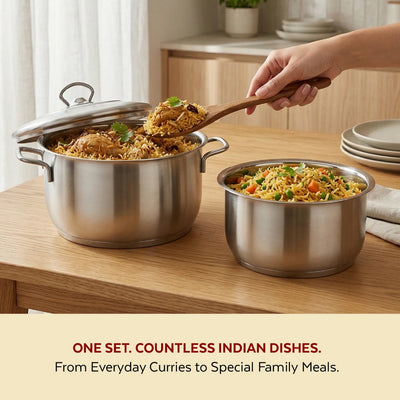 Avanti Stainless Steel Cookware Set: Cooking Pot 24 cm & Tope Set (12, 14 & 16 cm) | Heavy Premium Quality Combo, Tri Ply Base, Non-stick, Gas & Induction Compatible, Cool-Touch Handle