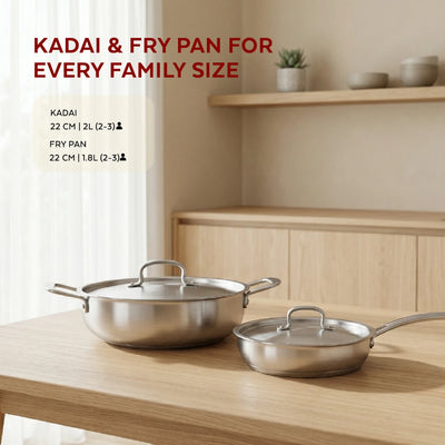 Avanti Stainless Steel Cookware Set: Kadai 22 CM & Fry Pan 22 CM | Heavy Premium Quality Combo, Tri Ply Base, Non-stick, Gas & Induction Compatible, Cool-Touch Handle