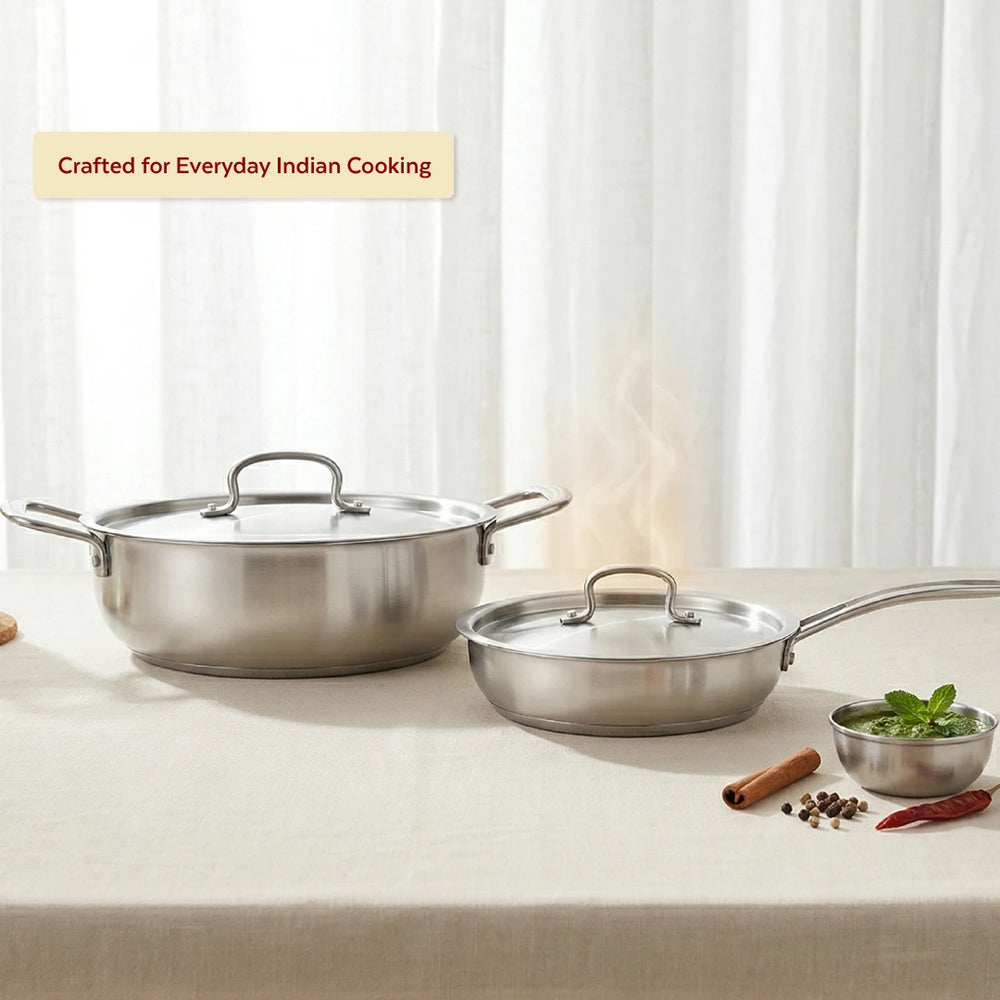Avanti Stainless Steel Cookware Set: Kadai 22 CM & Fry Pan 22 CM | Heavy Premium Quality Combo, Tri Ply Base, Non-stick, Gas & Induction Compatible, Cool-Touch Handle