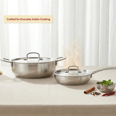 Avanti Stainless Steel Cookware Set: Kadai 22 CM & Fry Pan 22 CM | Heavy Premium Quality Combo, Tri Ply Base, Non-stick, Gas & Induction Compatible, Cool-Touch Handle